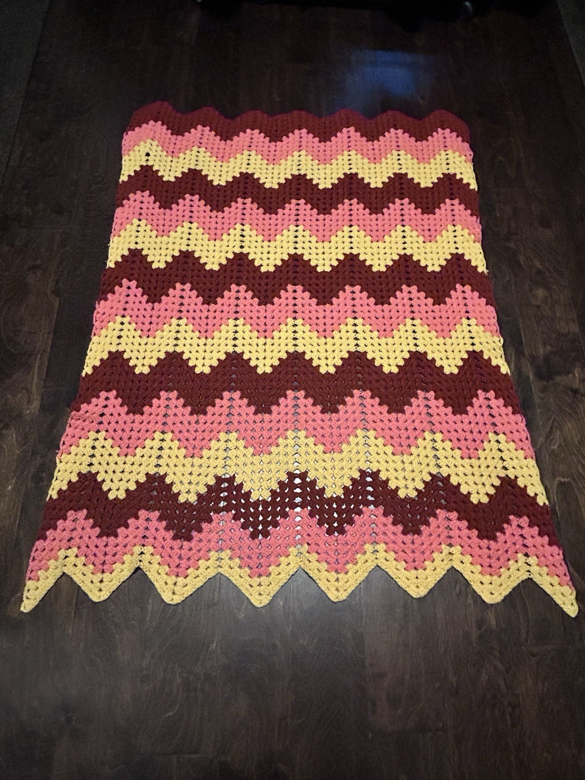 Vtg Crochet Chevron Afghan Blanket Throw Zig Zag Multicolored Granny Core MCM