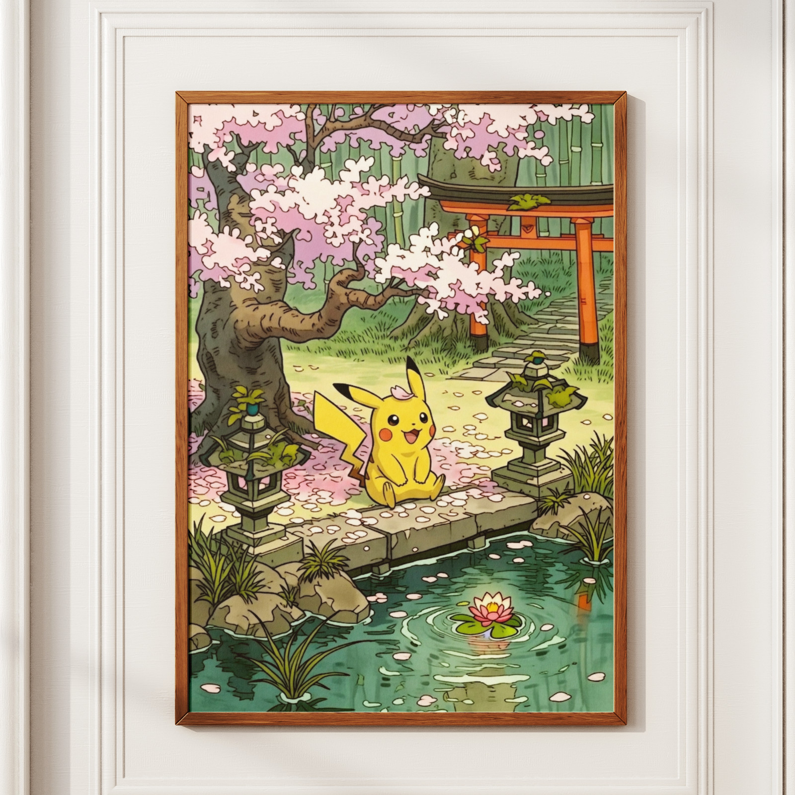 Pikachu Japanese Garden Cherry Blossom Poster Cute Anime Torii Wall Art Decor