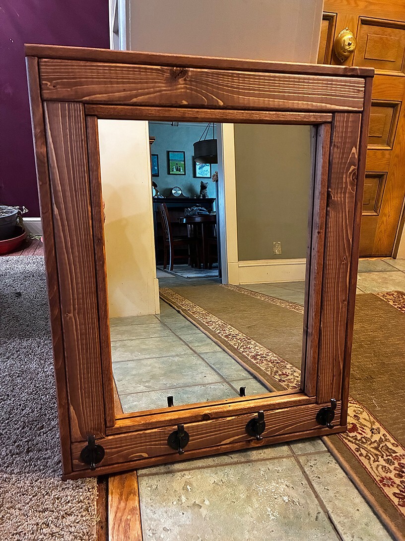 Herringbone Reclaimed Wood custom built mirror with 4 coat hooks: NEW IN BOX!