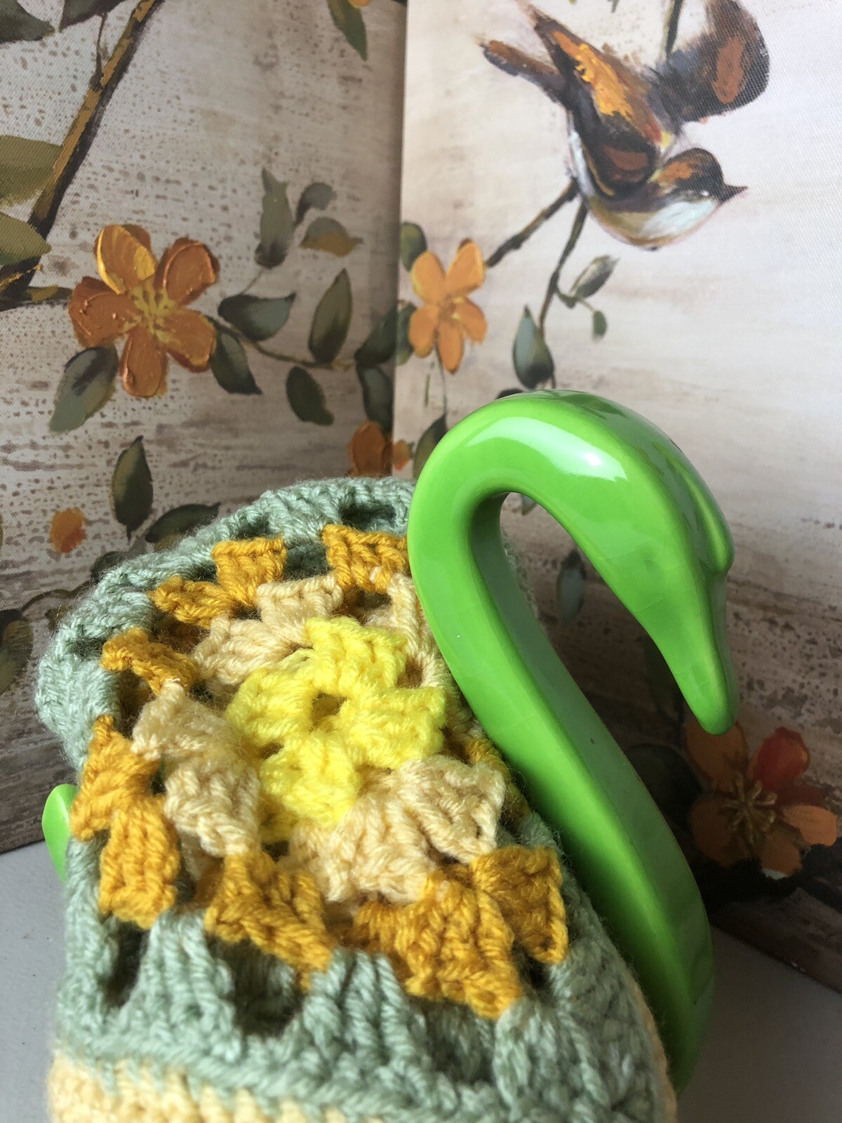 Vintage Handmade Crocheted Granny Square Afghan Doll/Side Table Top 18” Yellow