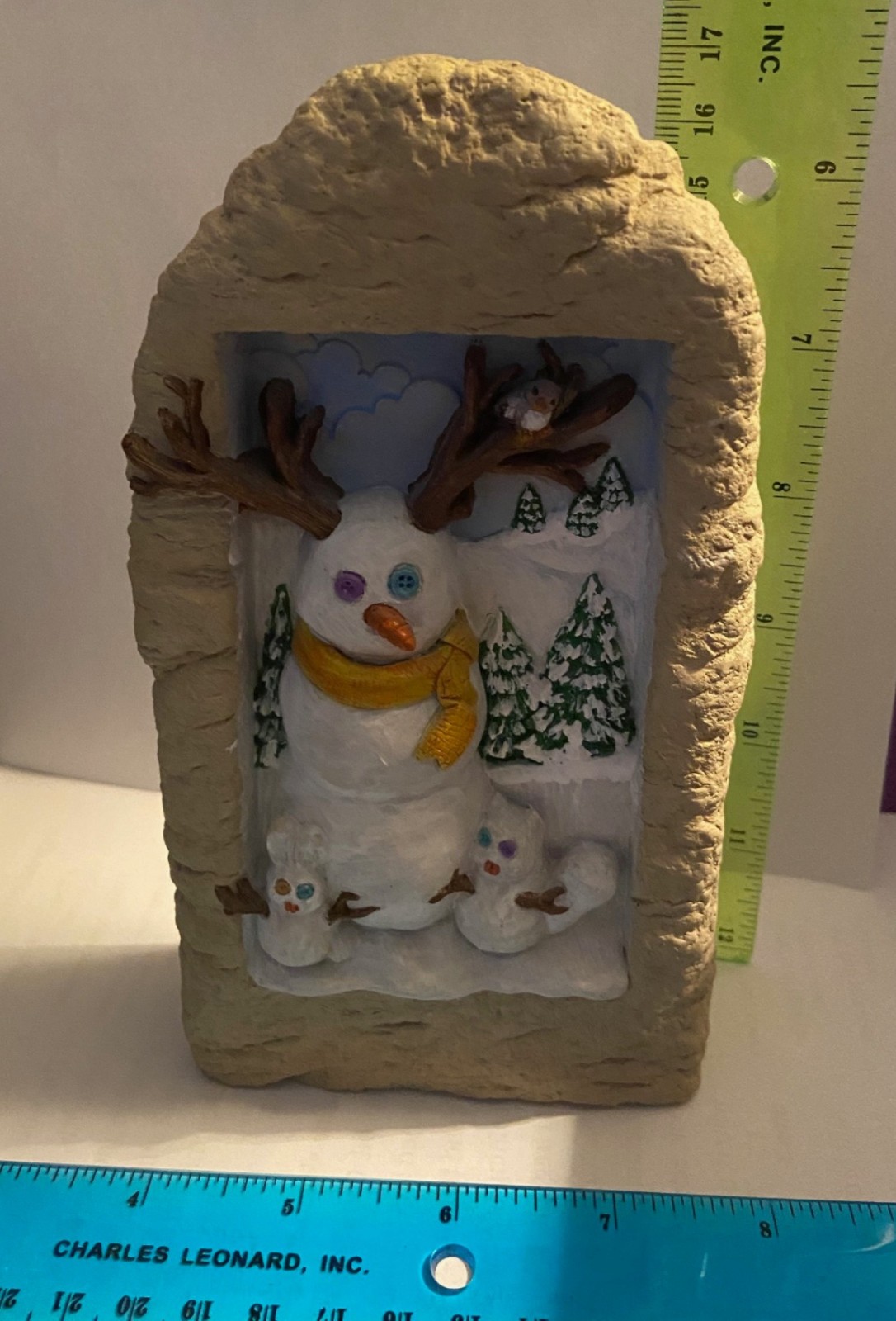 RARE Carruth Studio 2001 stone Snowman w snowman squirrel & bunny whimsical!