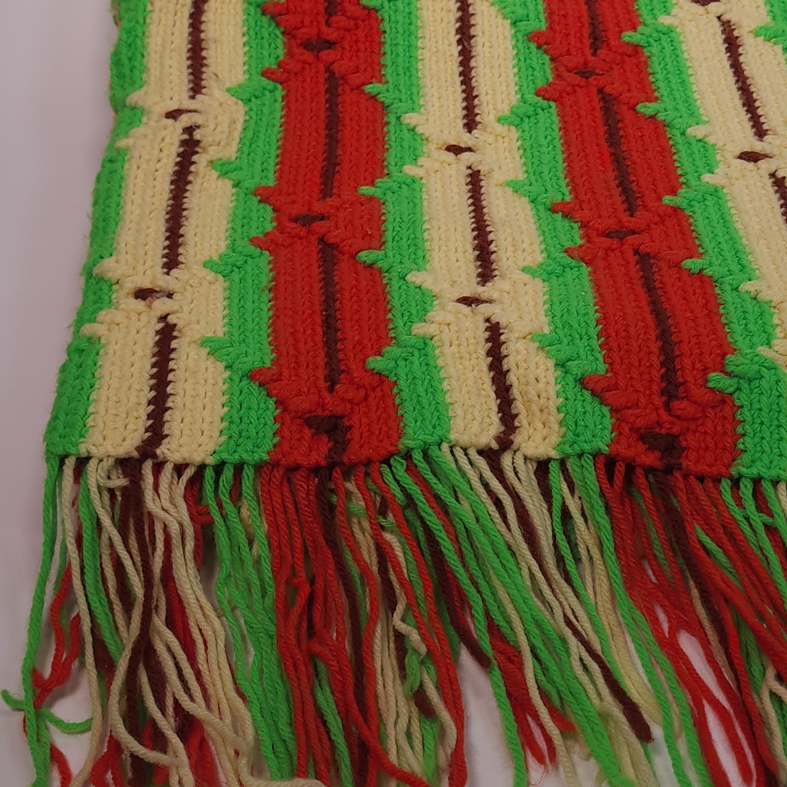 VTG Knit Afghan Throw Multicolor Striped Brown Orange Green Granny Cottage 50×57