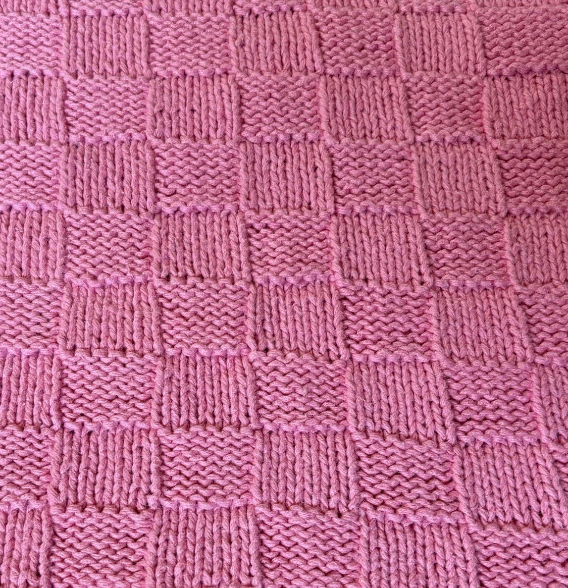 Hand Knitted Needle Handmade Pink Baby Blanket Square 37x37in 100% Cotton