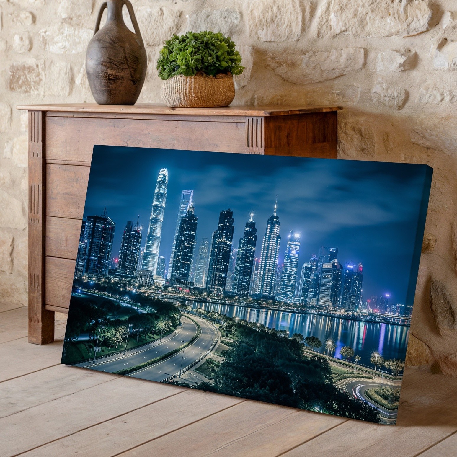 Stunning Nighttime Cityscape Featuring A Modern Skyline Dominated By Wall Art