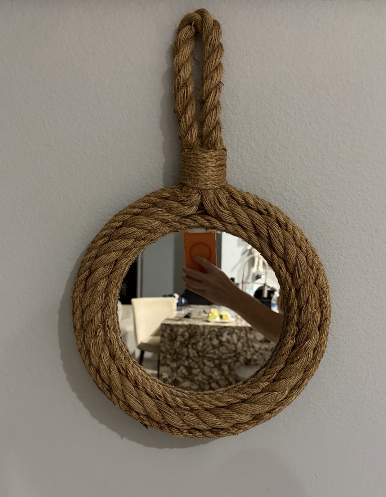Round Rope Framed Nautical Accent Mirror, Wall Mounted, 11 in Brown Decor