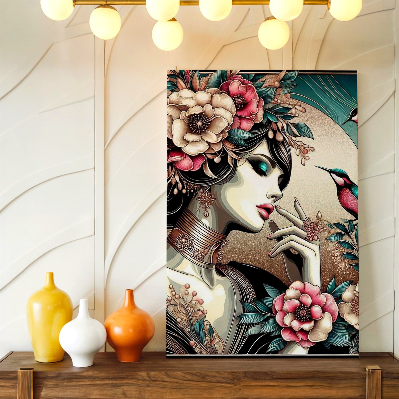 Wall Art Art Nouveau Woman Floral Portrait with Hummingbirds Decorative Print
