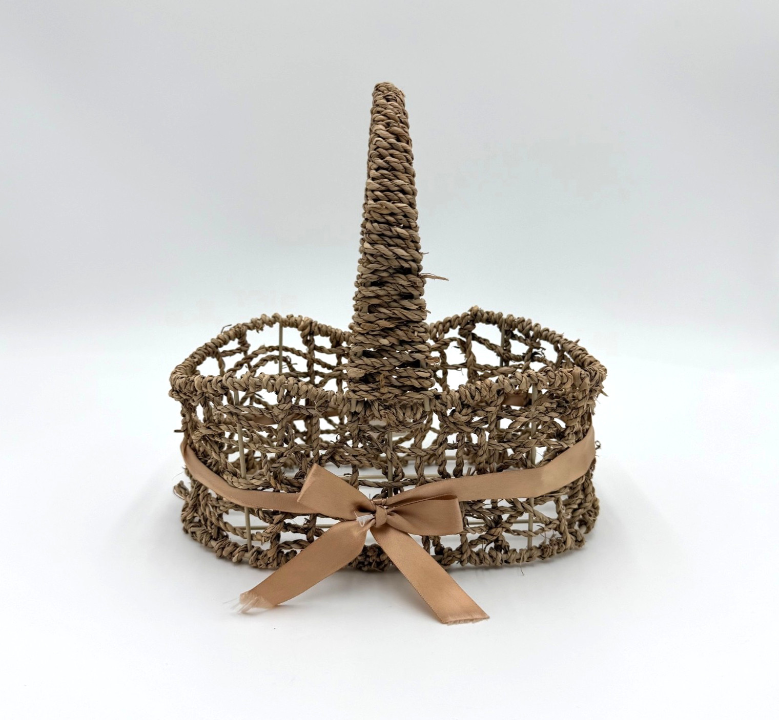 Handwoven Natural Wicker Basket with Handle Ribbon Rustic Farmhouse Pre Owned