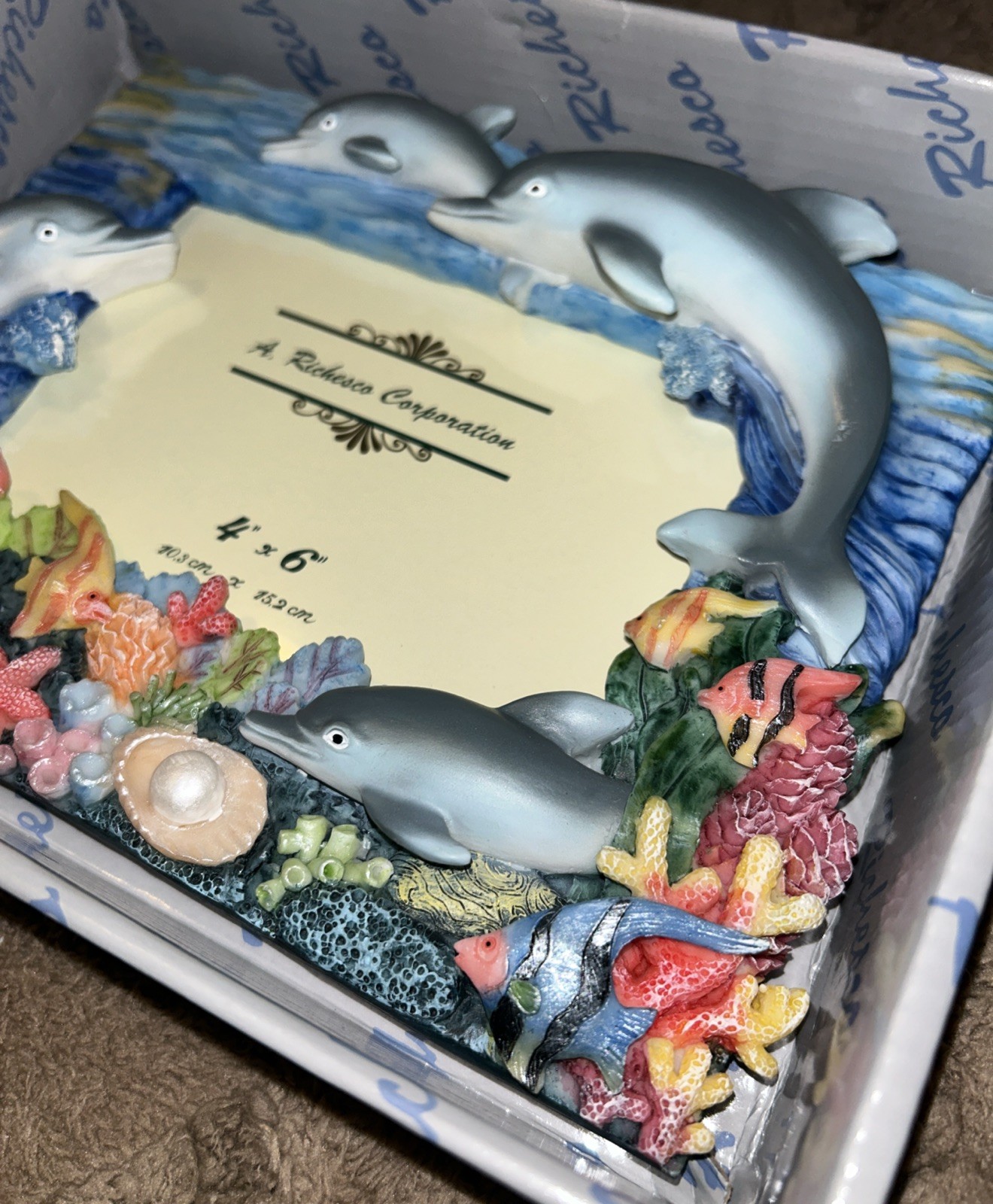 Dolphin Picture Frame 3D A Richardson Corp. 4×6” Hand Panted NIB