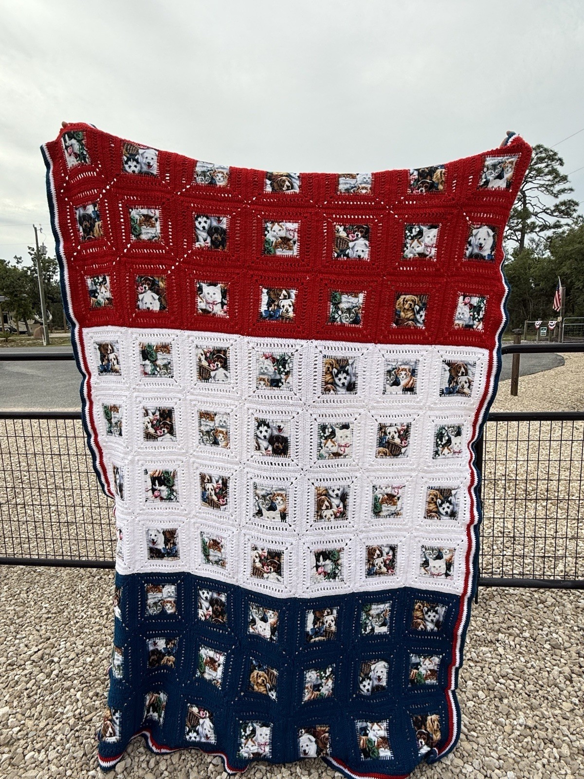 Handmade Crochet Afghan Americana Red White Blue Puppy Cat Granny Square Blanket