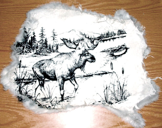 Moose & Canoe Printed on Rabbit Pelt 15×11&Prime; Wilderness Boundry Waters