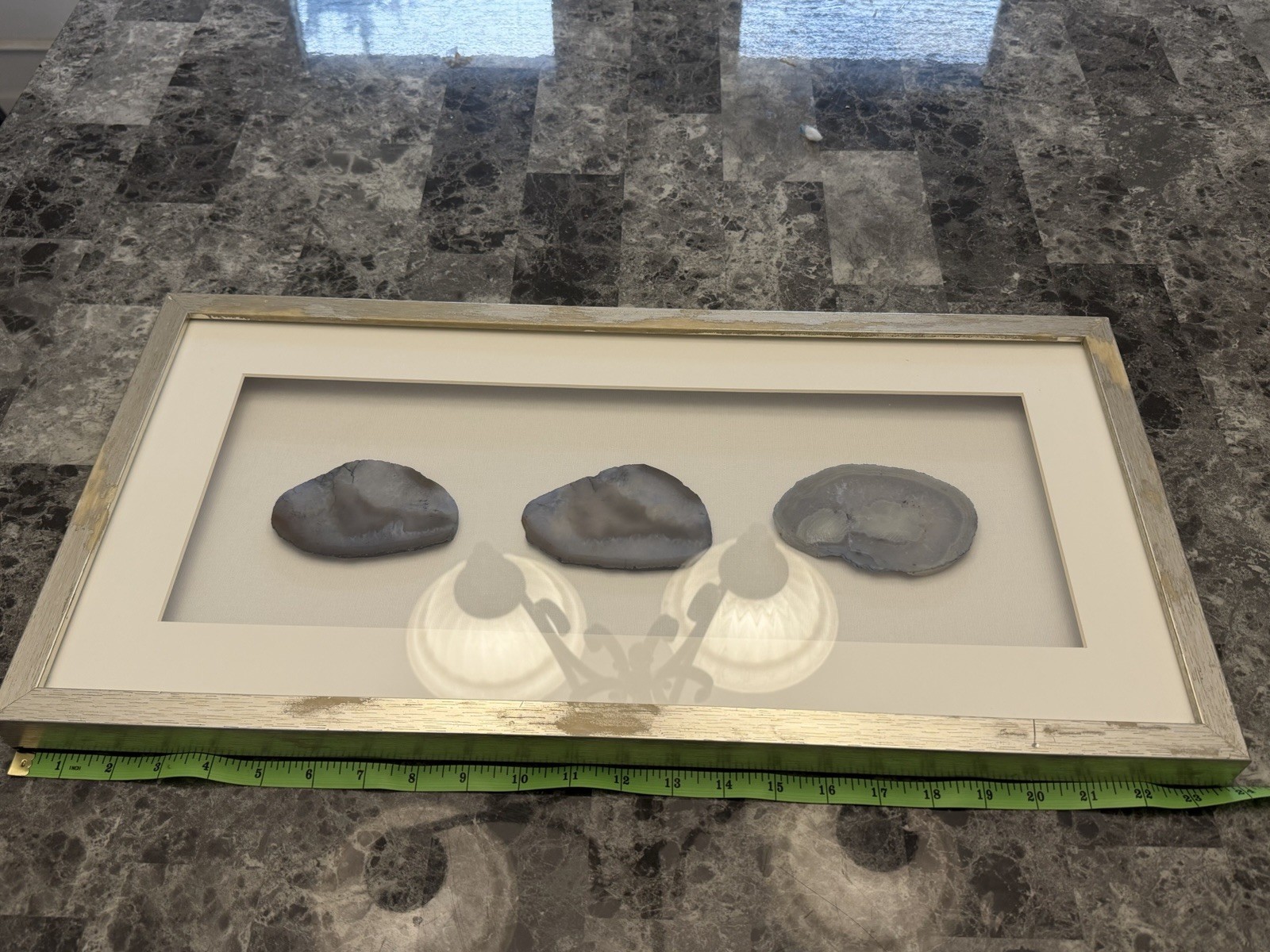 Beautiful Framed Geode Slice Wall Art 12 in Gray Stone in Silver Shadow Box