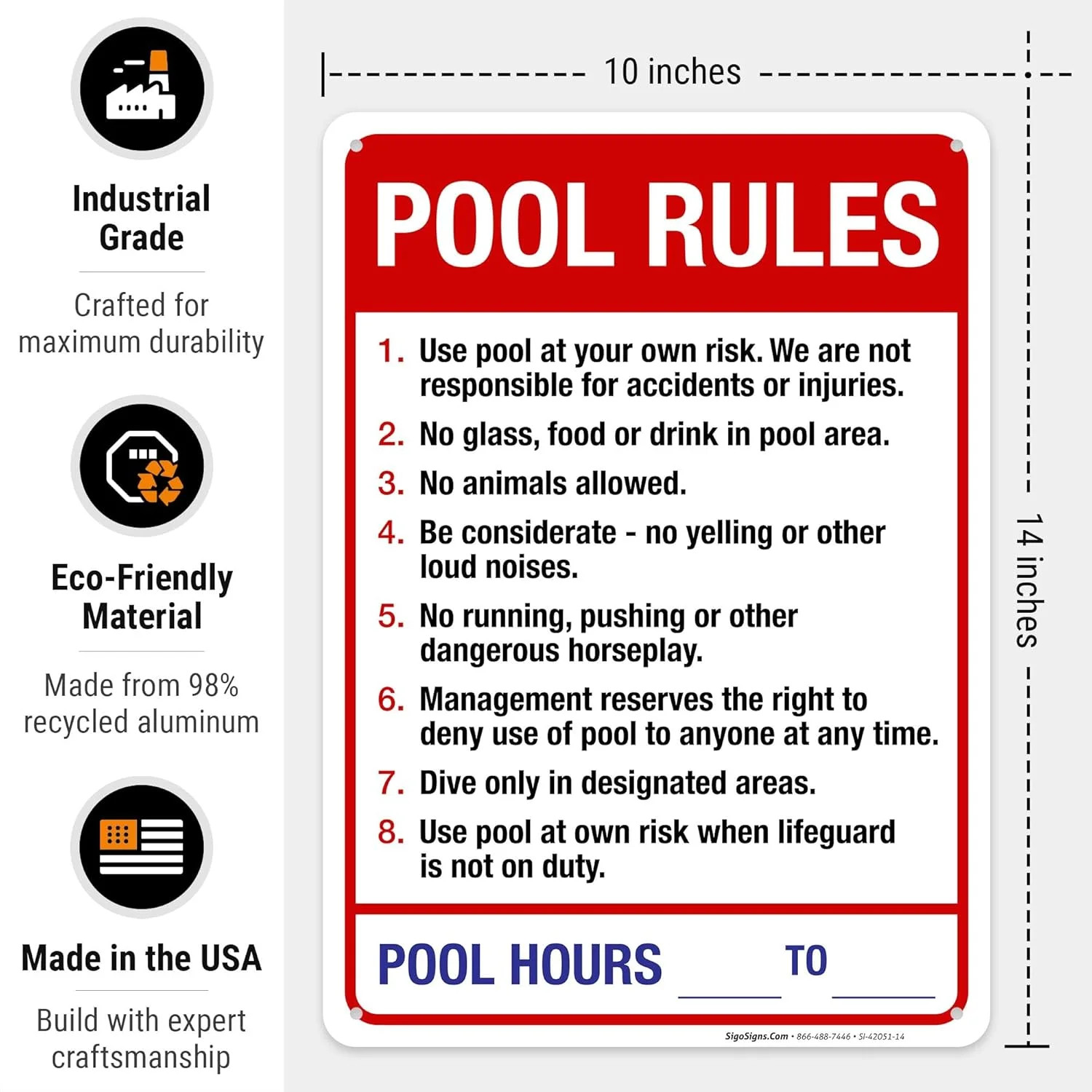 Pool Rules Sign, Red Pool Sign, 10×14 Inches, Rust Free .040 Aluminum, Fade Resi
