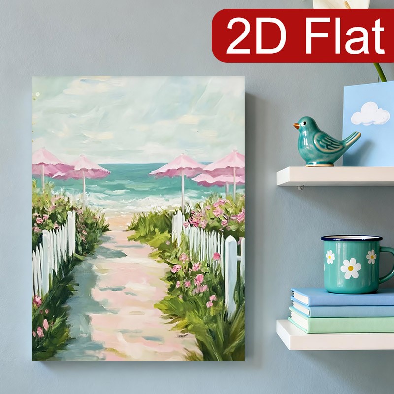 Coastal Beach Path with Pink Umbrellas Canvas Wall Art, Tropical Floral Decor