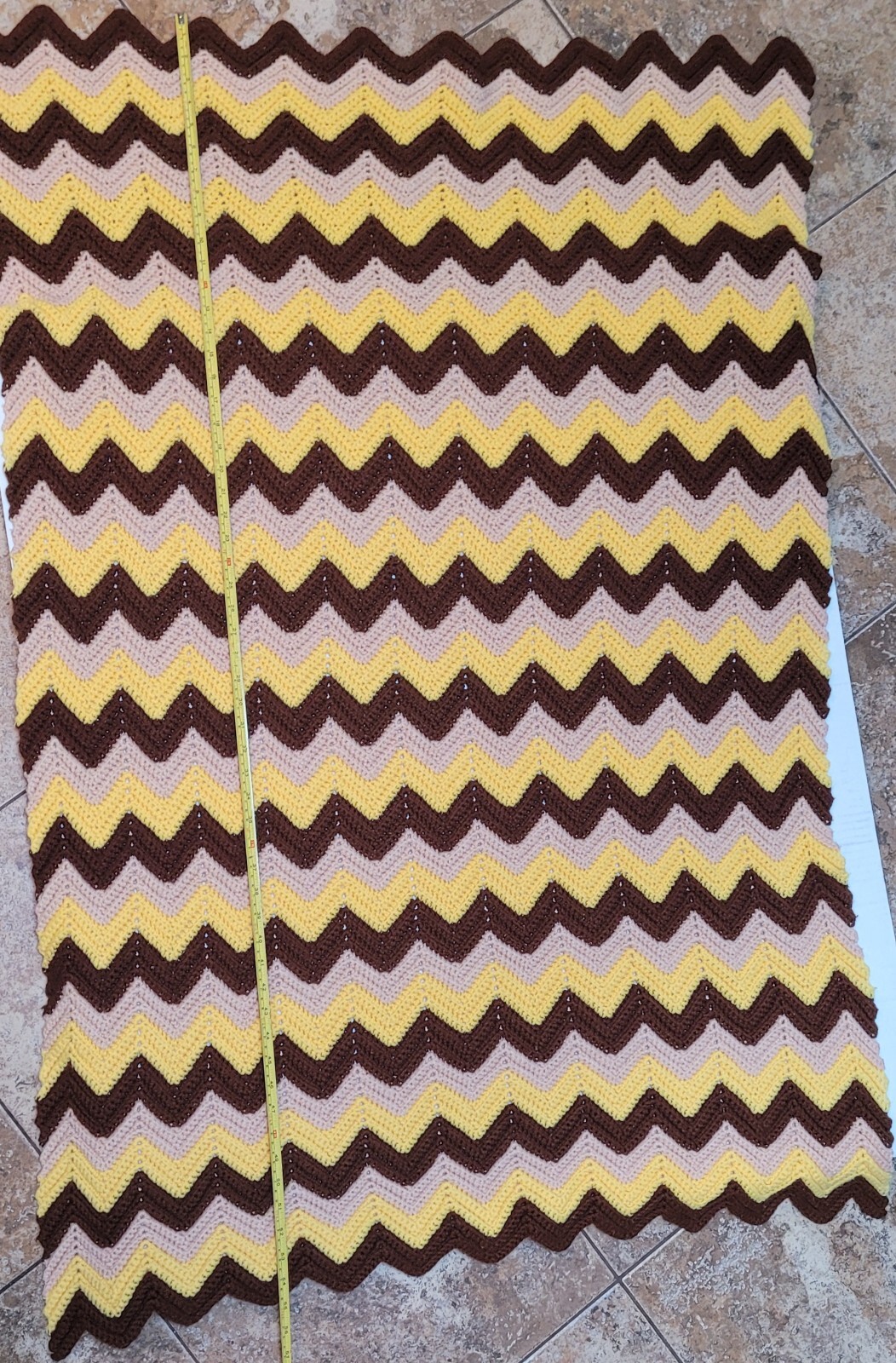 Crochet Handmade Afghan Throw Blanket Chevron 55”x 35”Brown Yellow Tan Vtg