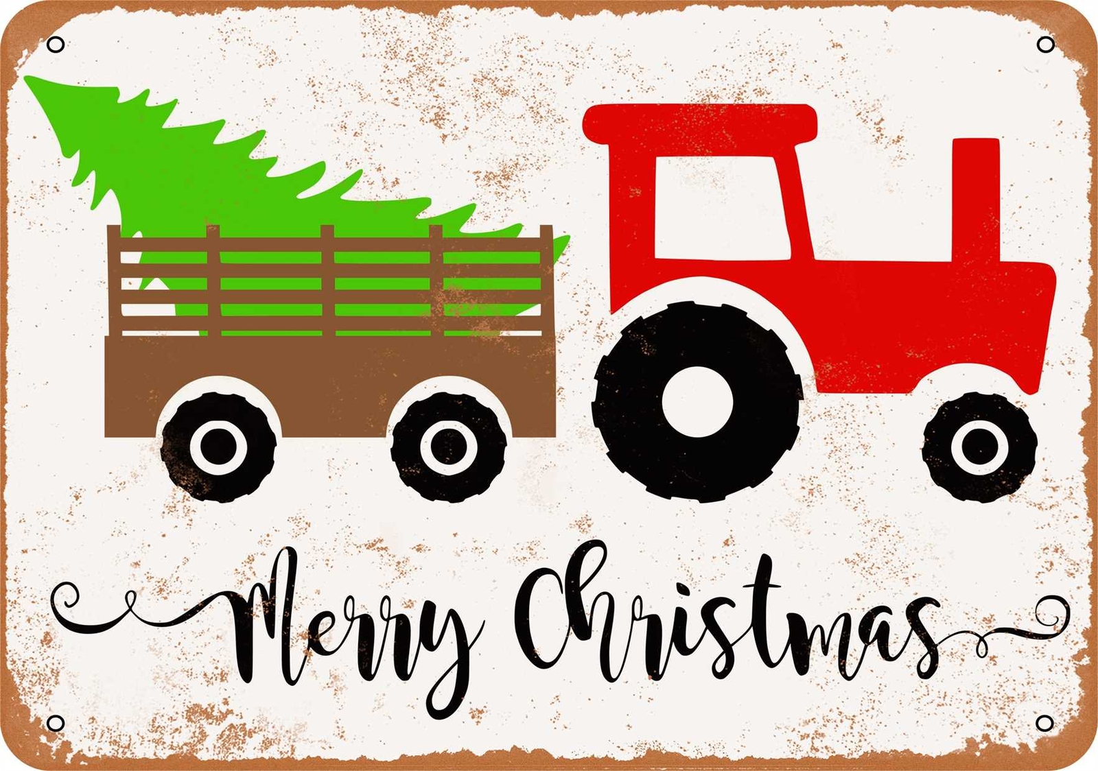 METAL SIGN – Merry Christmas Tractor Trailer and Christmas Tree – Vintage Look