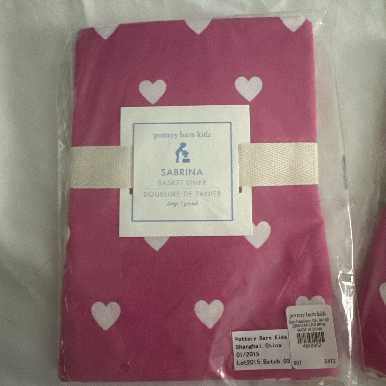 Pottery Barn Kids Sabrina Pink and White Heart Basket Liner Large (4x) NWT