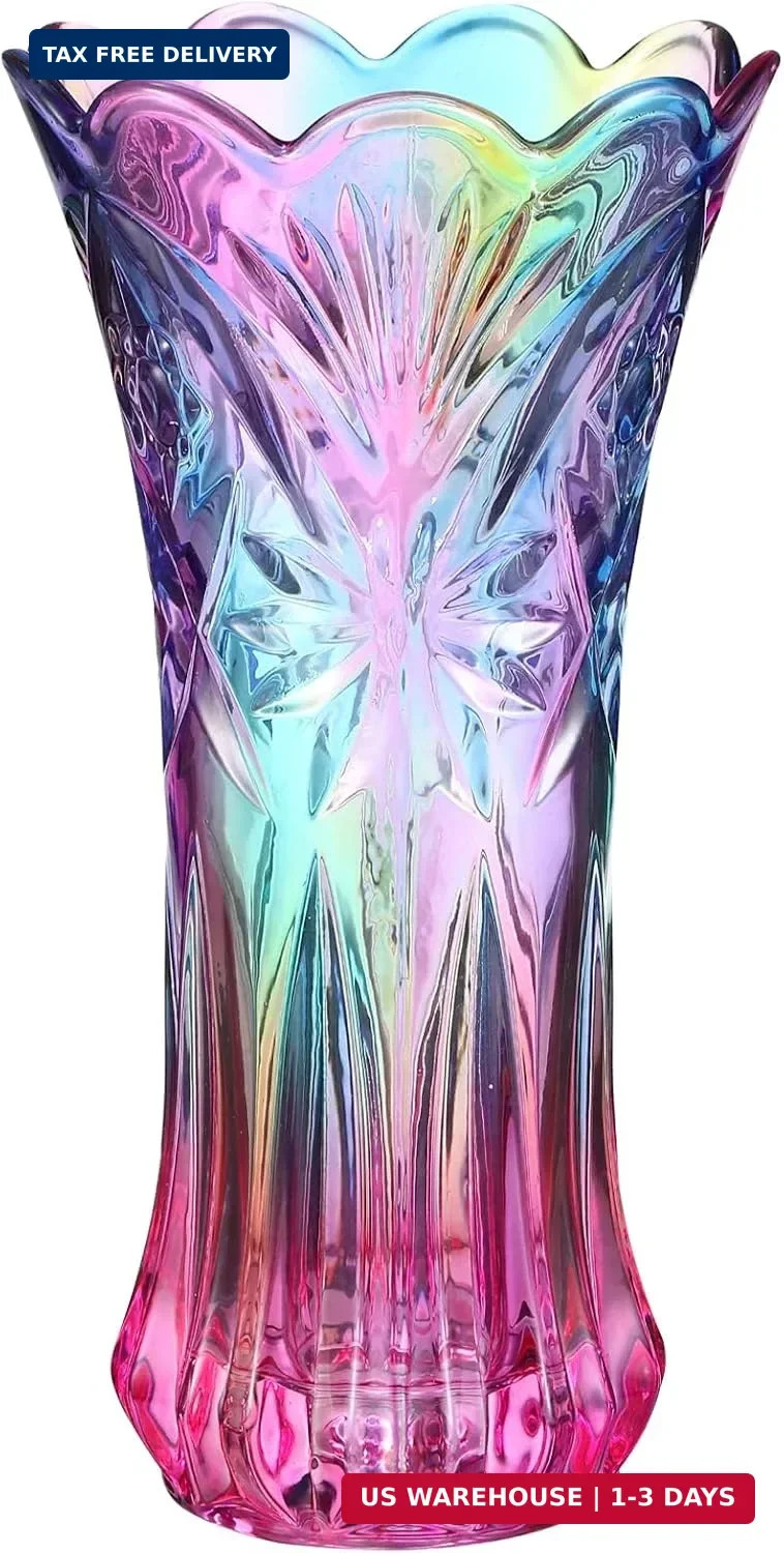 Rainbow Glass Vase Wide Mouth Colorful Flower Vase for Table Bookshelf Decor