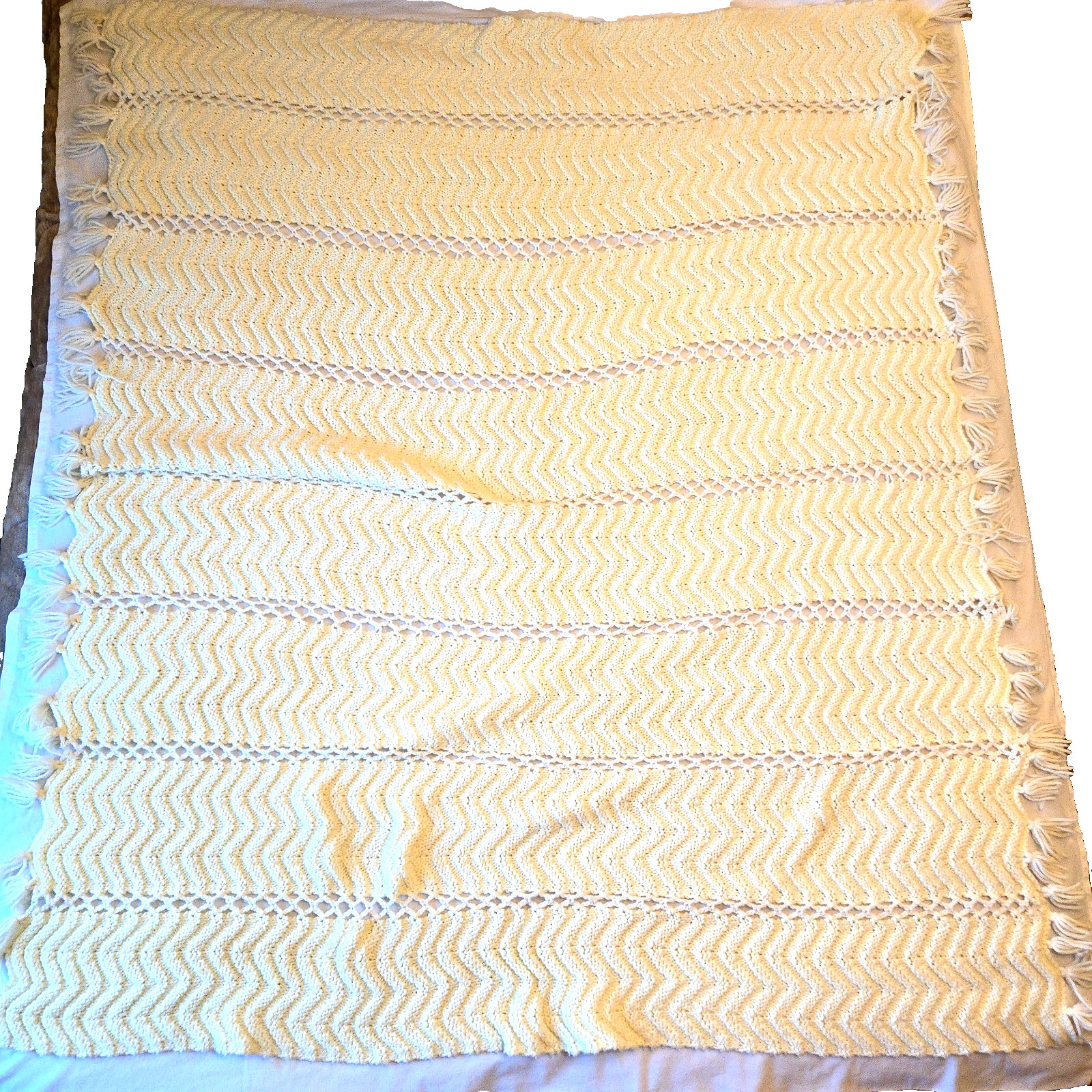 Handmade Crocheted Bed Throw Afghan Blanket Cream Color Appx 50&rsquo;x60&Prime;
