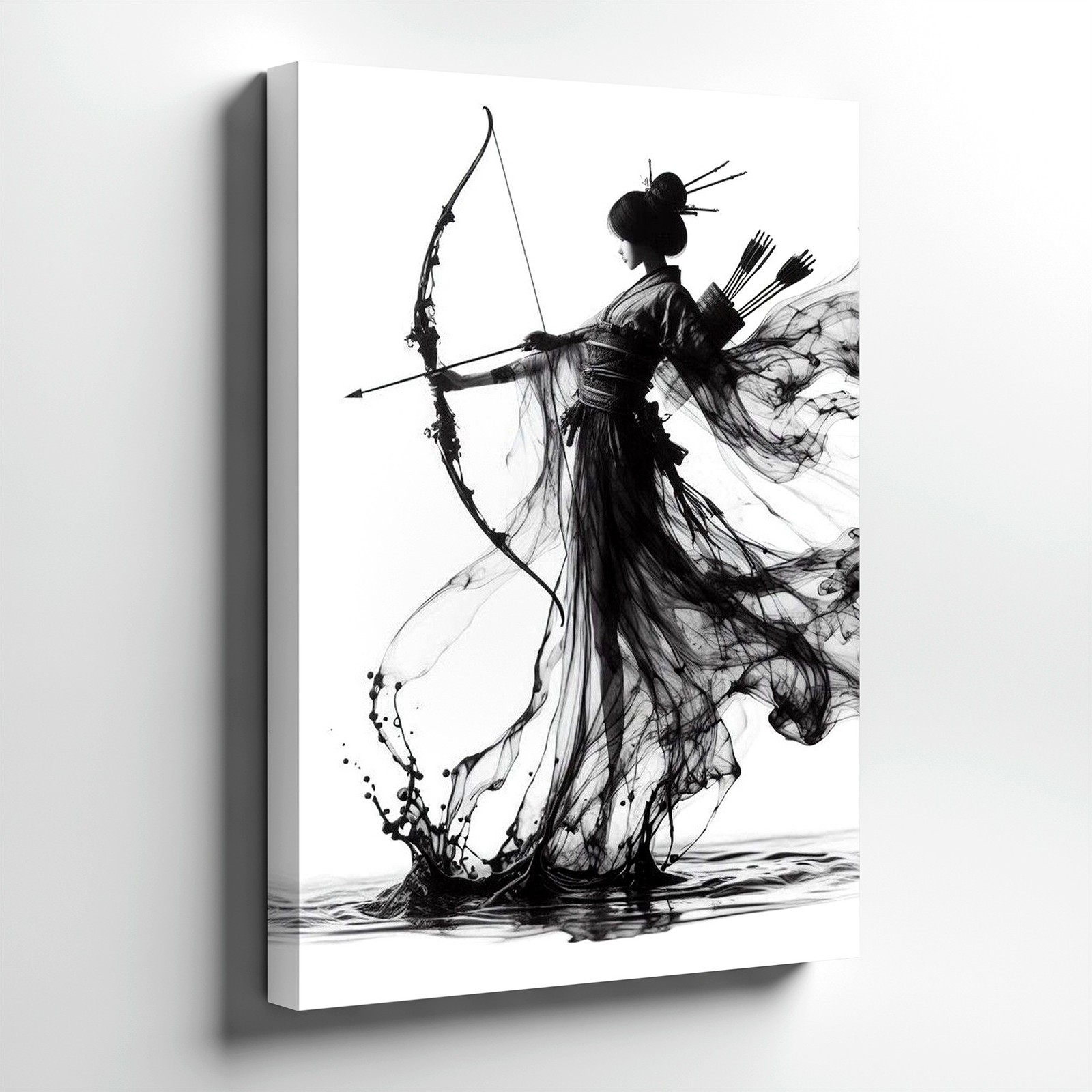 Wall Art Japanese Female Archer Ink Style Poster Black White Samurai Home Decor