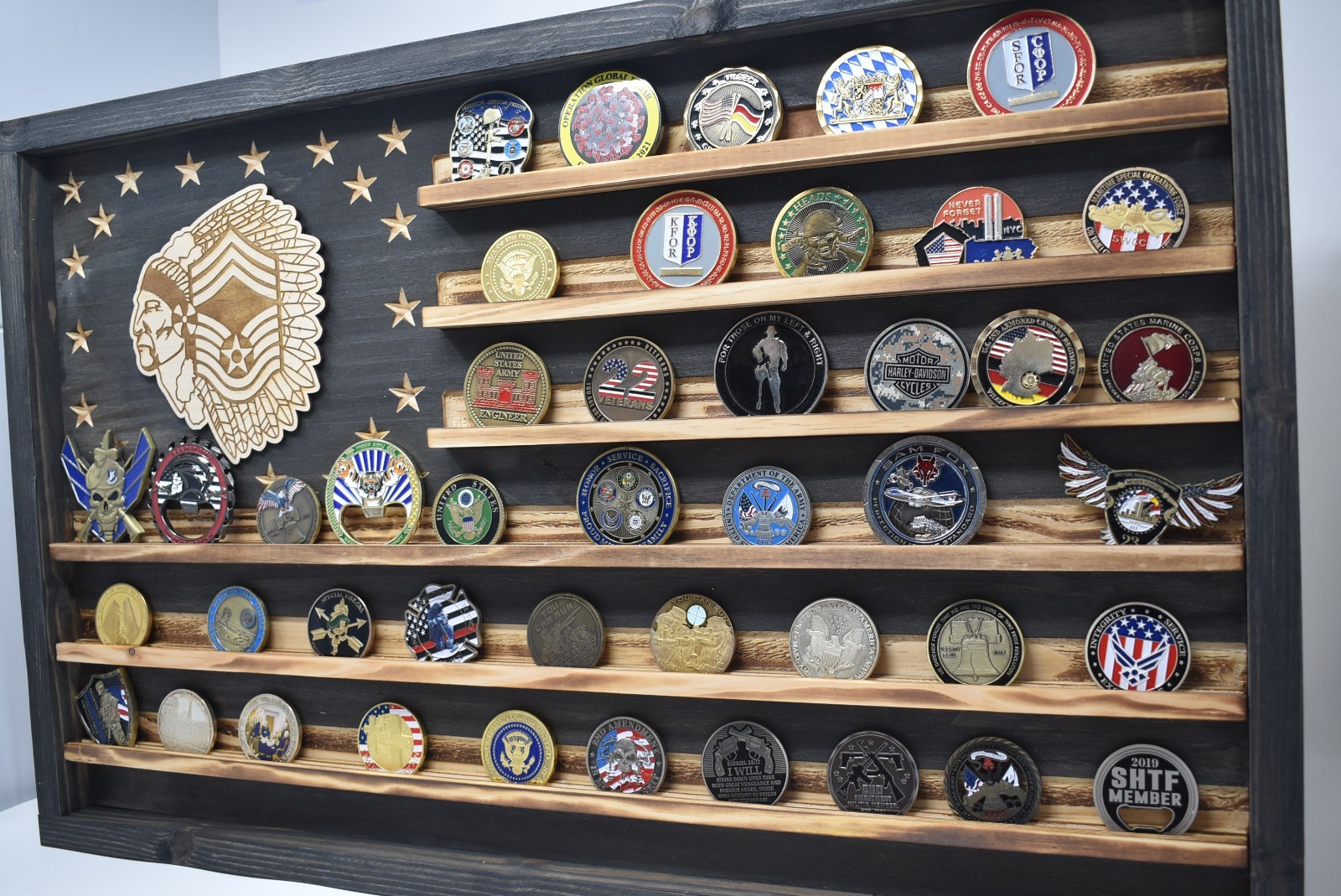 US Air Force CMSgt Chief Challenge Coin Flag Display | Holds 60 Coins | Made USA
