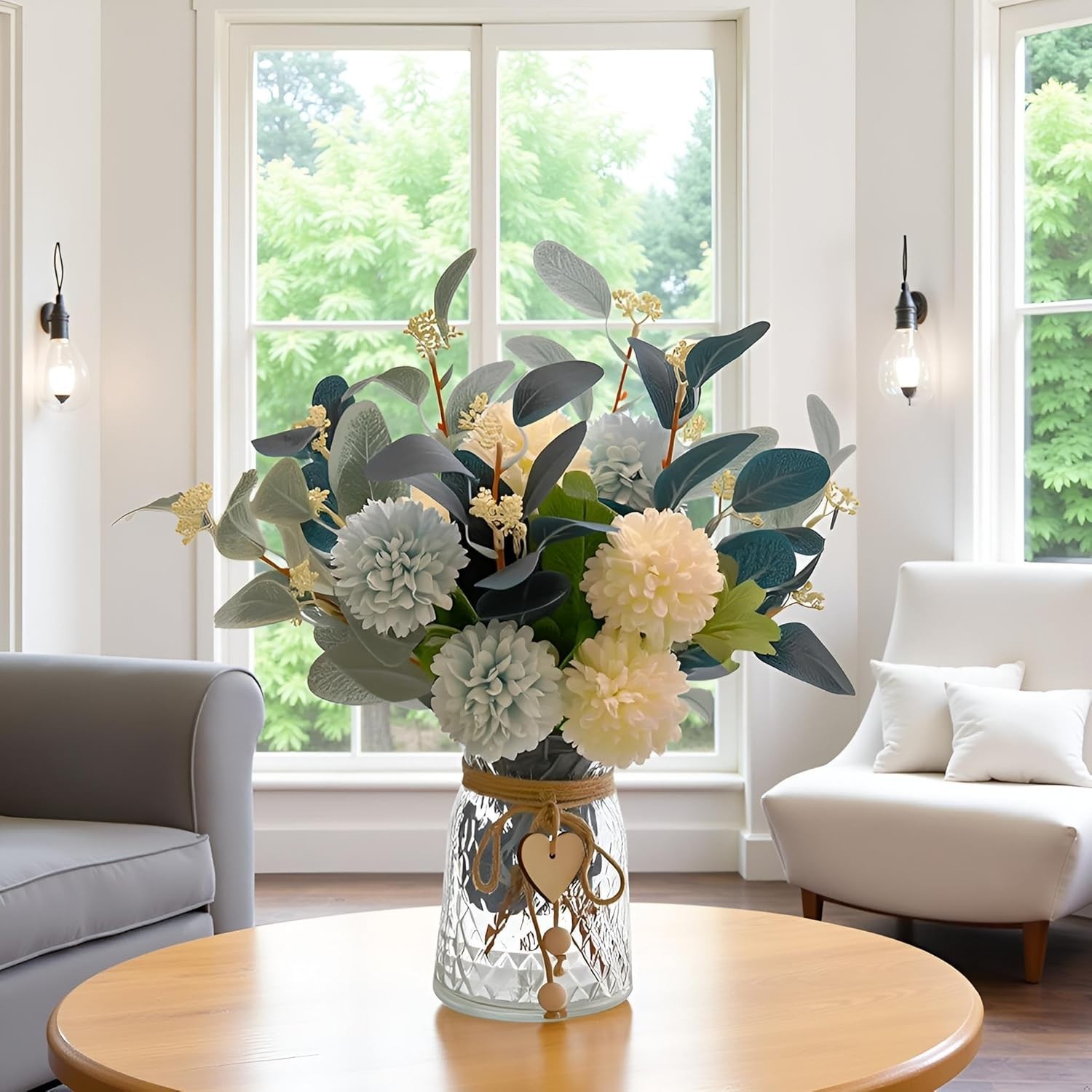 Elegant Silk Hydrangea Table Centerpiece in Glass Vase