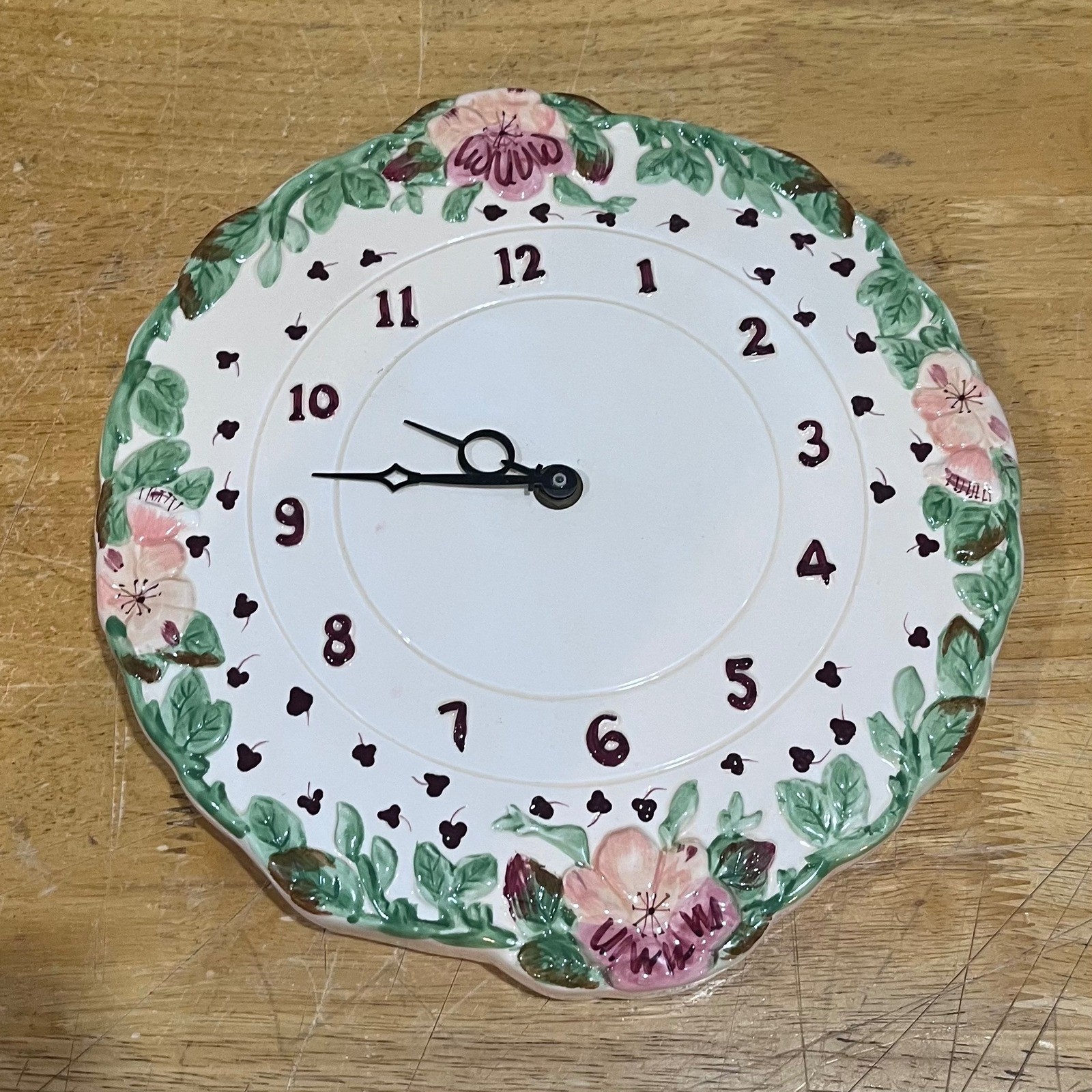 Laura Ashley Ceramic Floral Wall Clock Pink Purple White Embossed 10.5 Inch