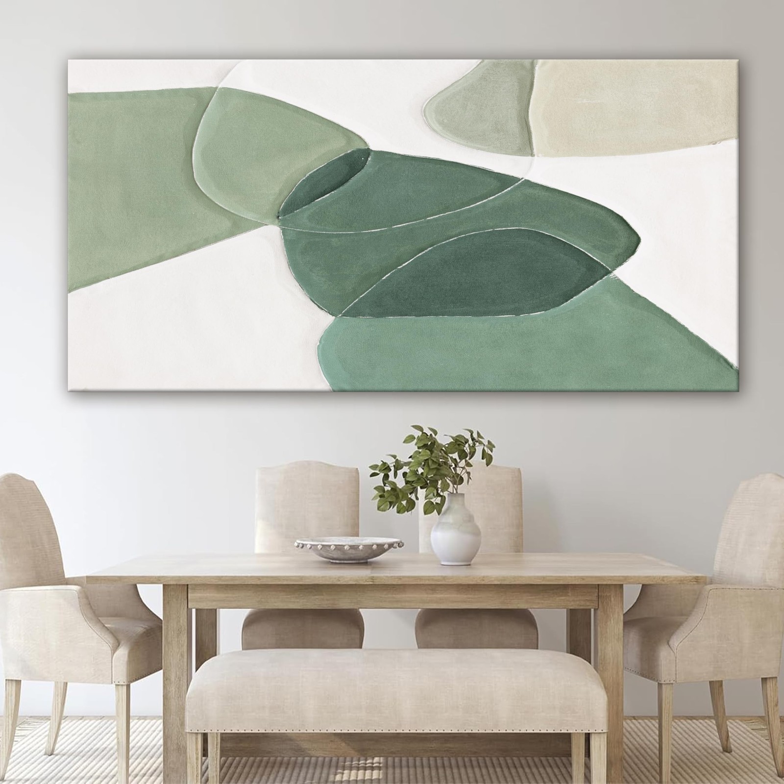 QSQ Modern Wall Art Large Green And White Geometric Color Block Line Wall Pai…