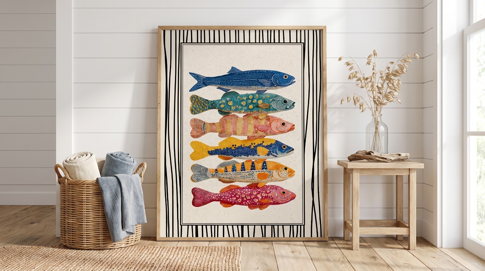 Japanese Fish Poster Folk Art Colorful Sea Life Kitchen Wall Decor Print