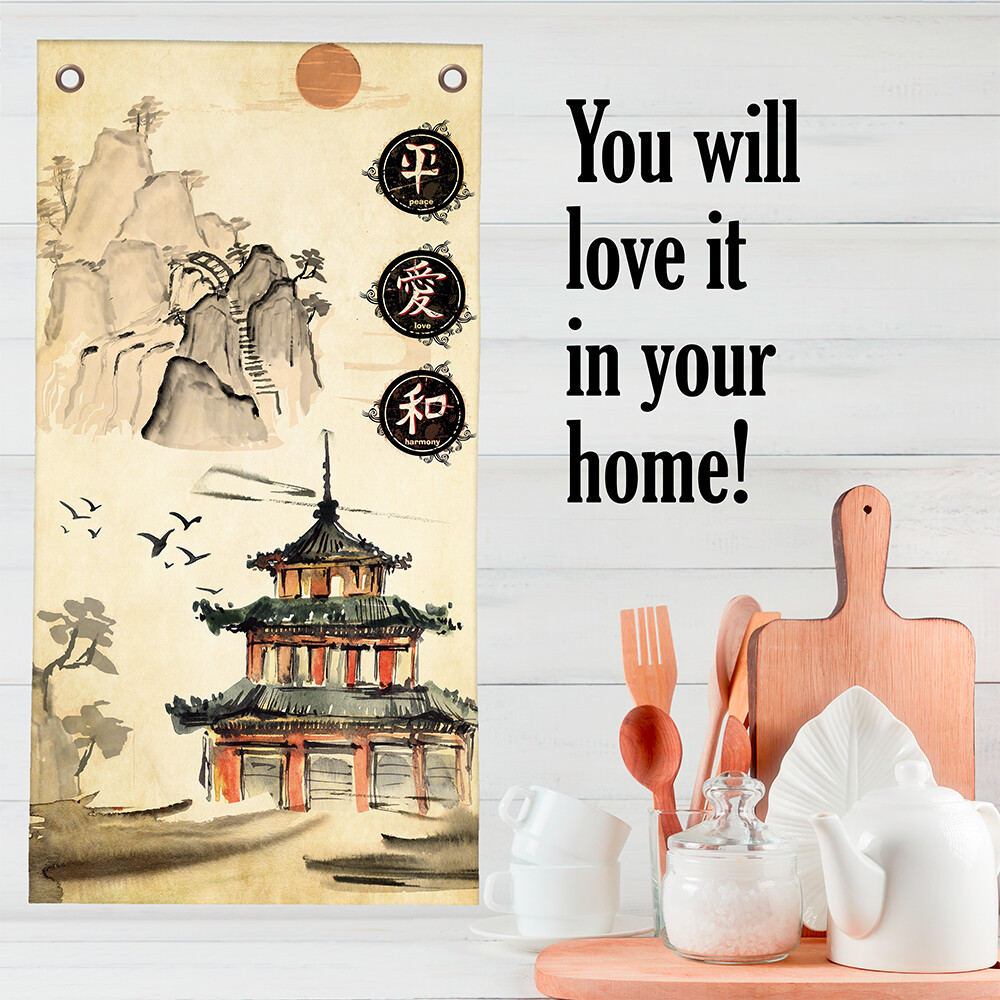 Asian Landscape Mountains – Canvas Wall Scroll Art Poster – 16&Prime; x 32&Prime;
