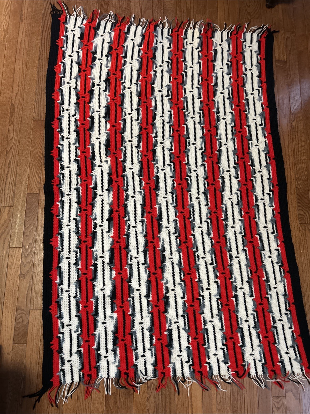Handmade Crocheted Afghan Throw Blanket Black,White,Red Crochet 67” X 46”Fringed