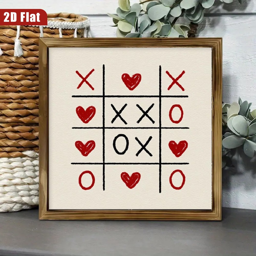 Hand Drawn X O Love Heart Grid Print Wooden Sign Neutral Tabletop Plaque