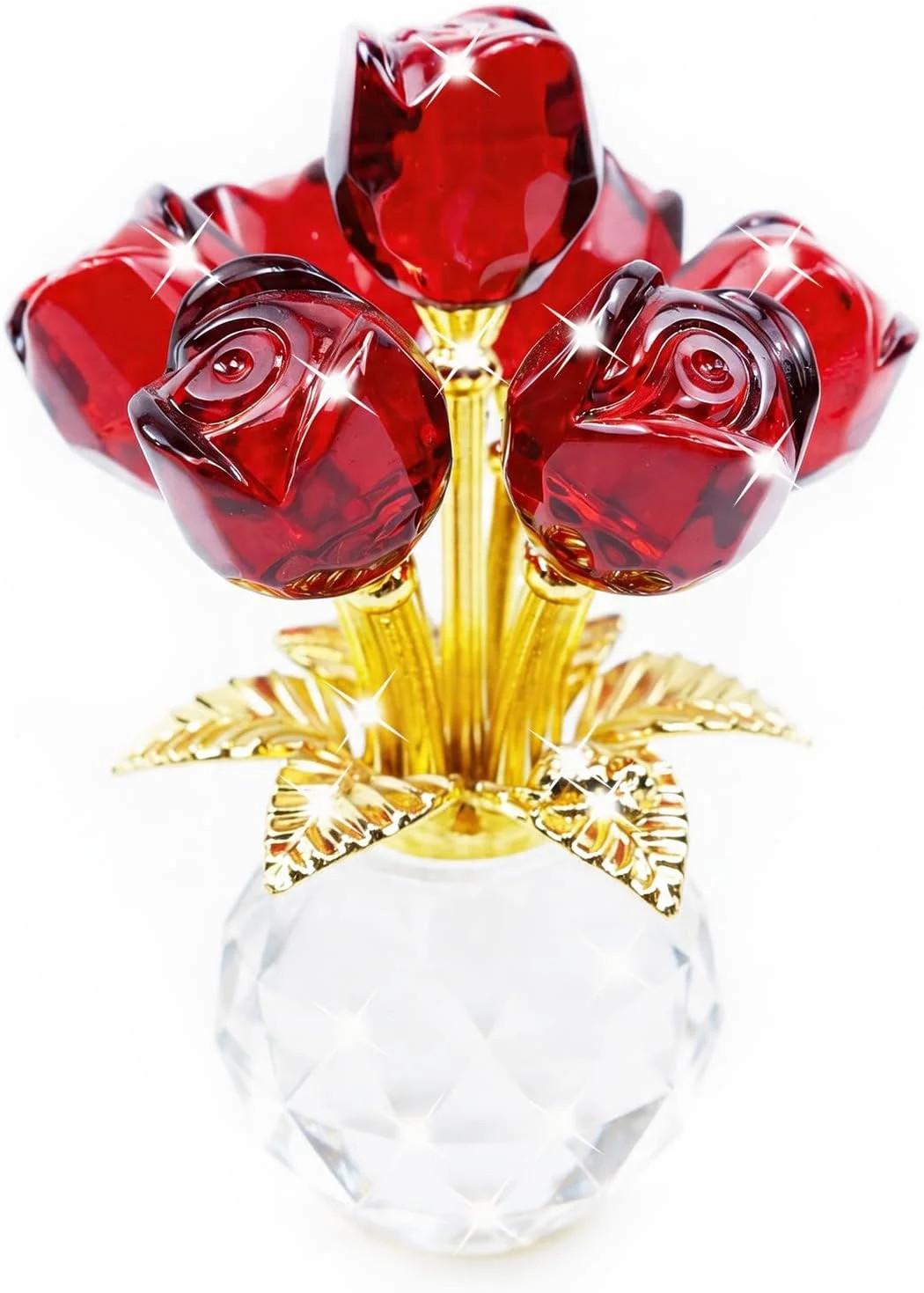 Crystal Rose Flower Figurine with Round Vase, Crystal Flowers, Glass Flowers wit