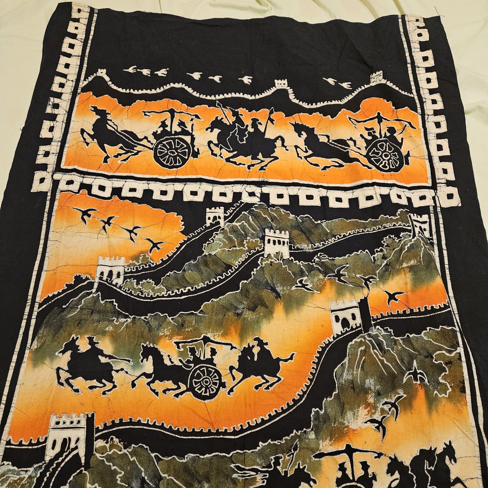 Great Wall of China Tapestry Batik Chariot Horses Vertical Wall Hanging 34 x 78