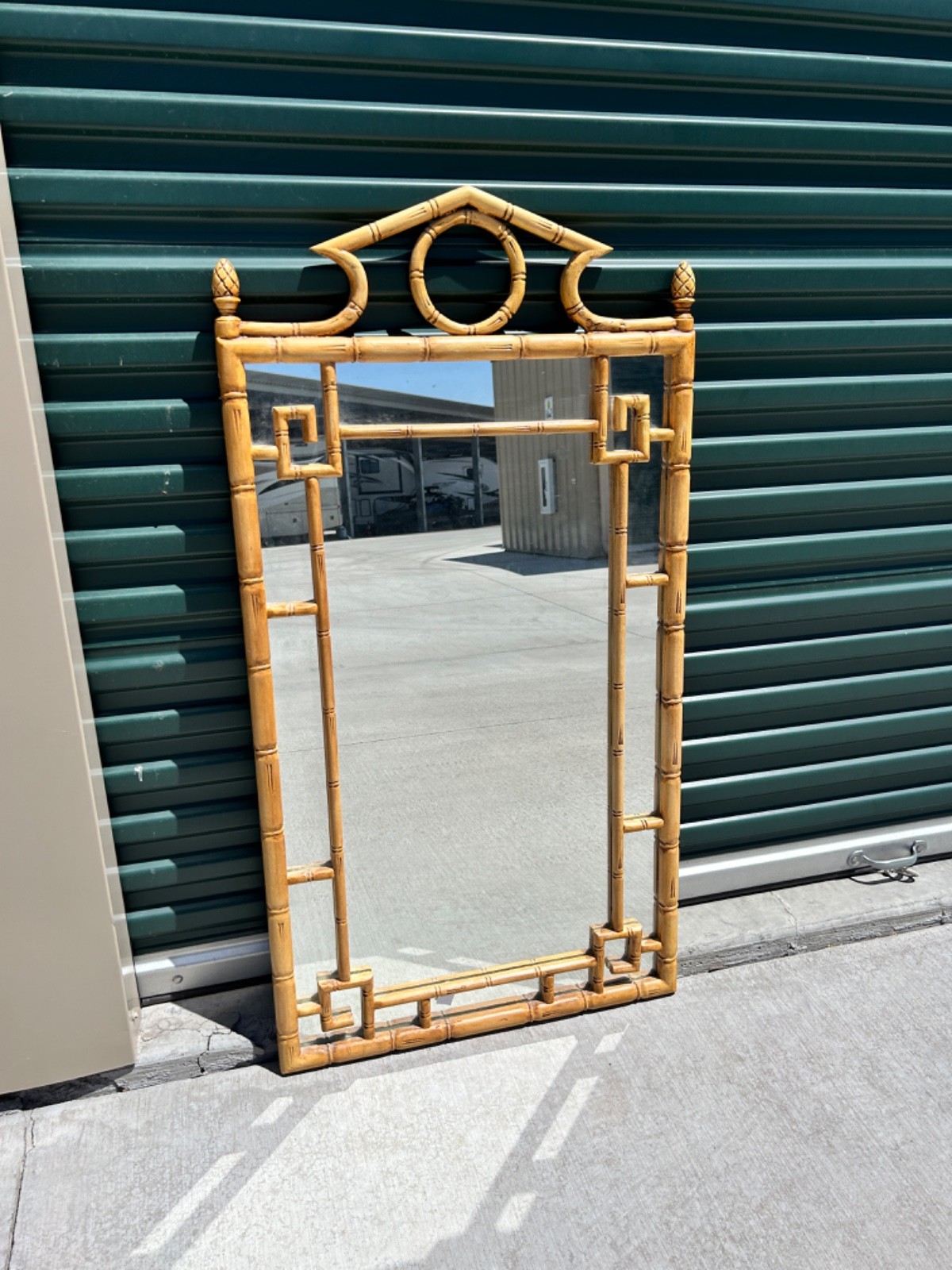 Vintage Asian Faux Bamboo Greek Key Pagoda Chinoiserie Wall Mirror 49”h