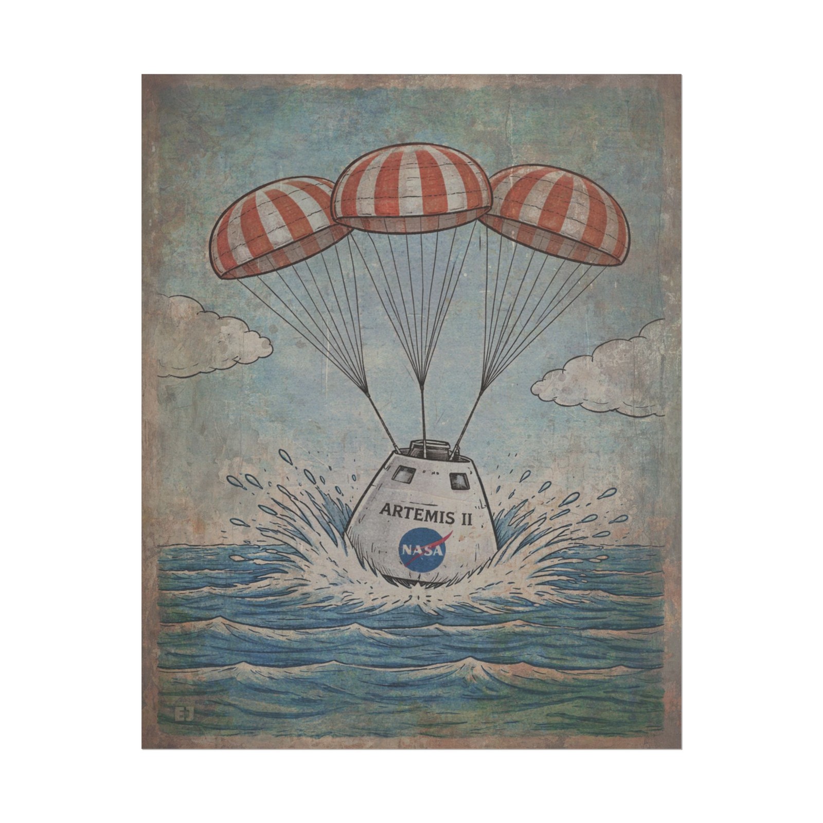 Vintage ARTEMIS SPLASHDOWN Wall Art, NASA Space Decor, Nautical Science Poster