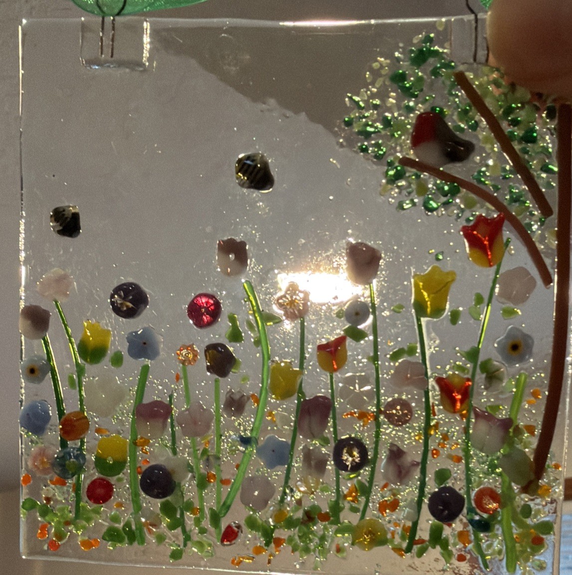 Fused Glass Handmade Square 4”x 4” Multicolor Sun Catcher Signed By Artist