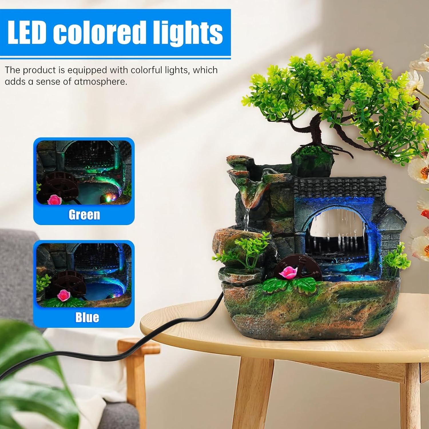Tabletop Rockery Fountain with Humidifier & LED – Indoor Zen Decor for Office a