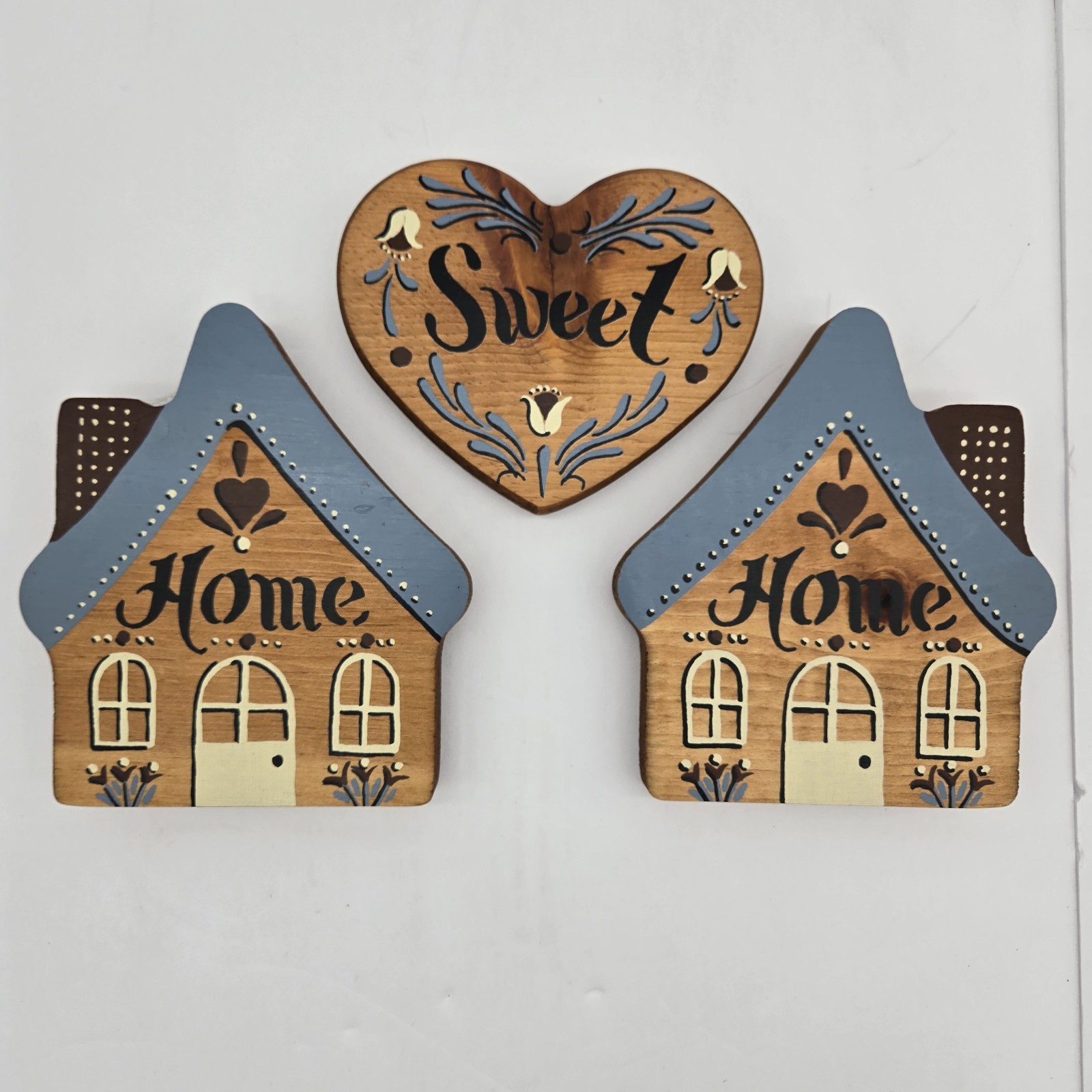 VTG 80s Homco Home Sweet Home Wooden Wall Decor Cottagecore Wood Heart House Set