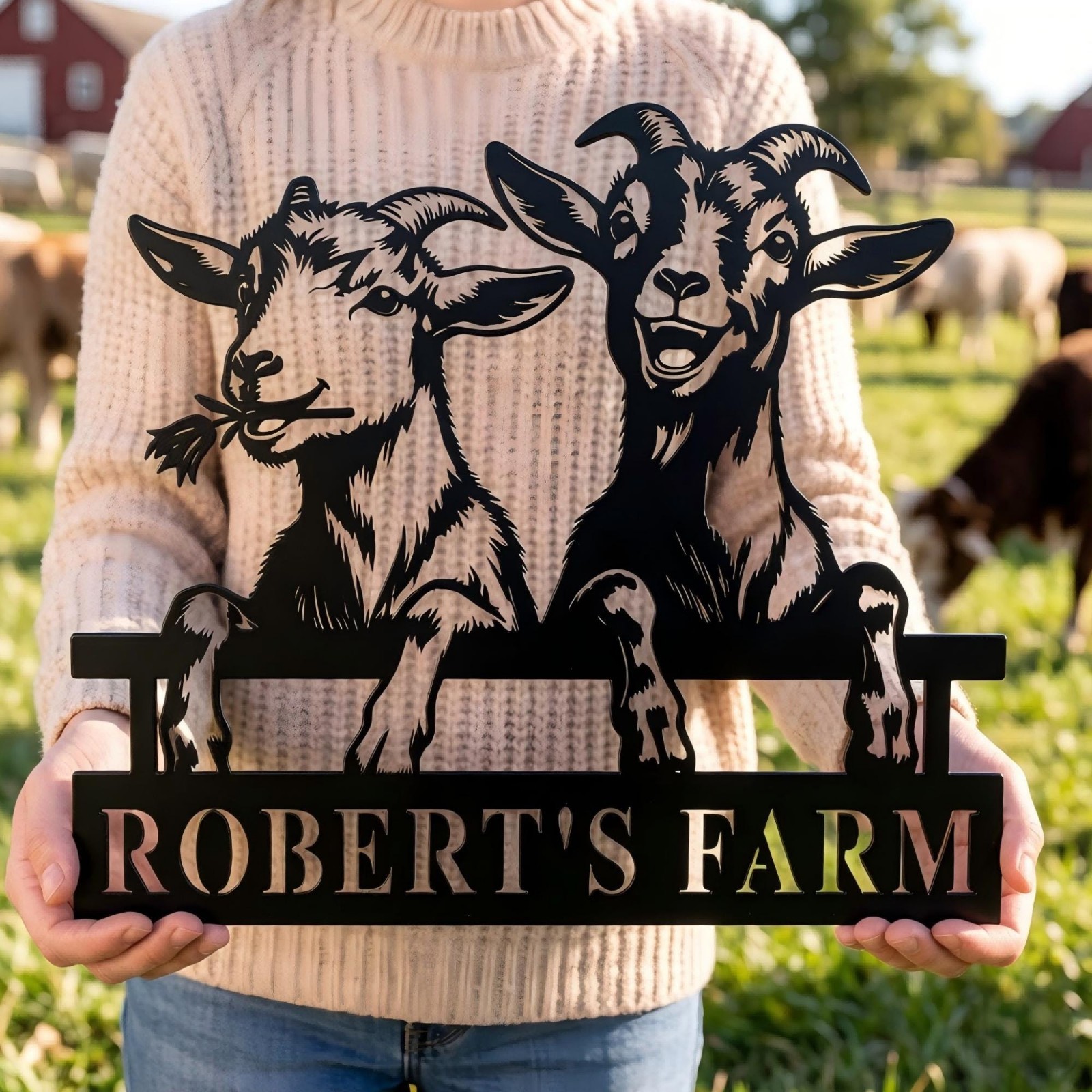 Personalized Goat Metal Family Name Sign, Rustic Farmhouse Decor for Farm Life