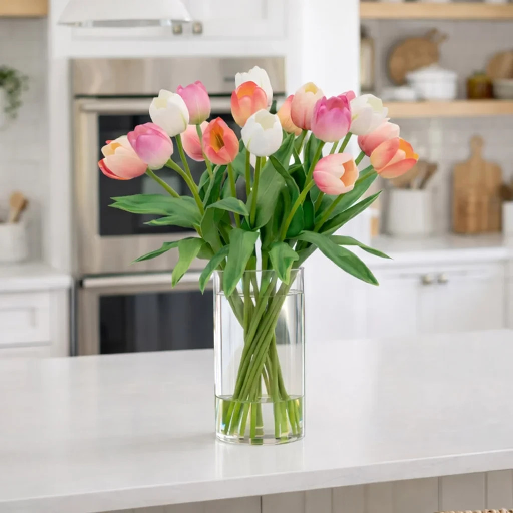 Faux 20&Prime; Tulip Arrangement Lifelike Glass Vase Water Illusion Real Touch Petals