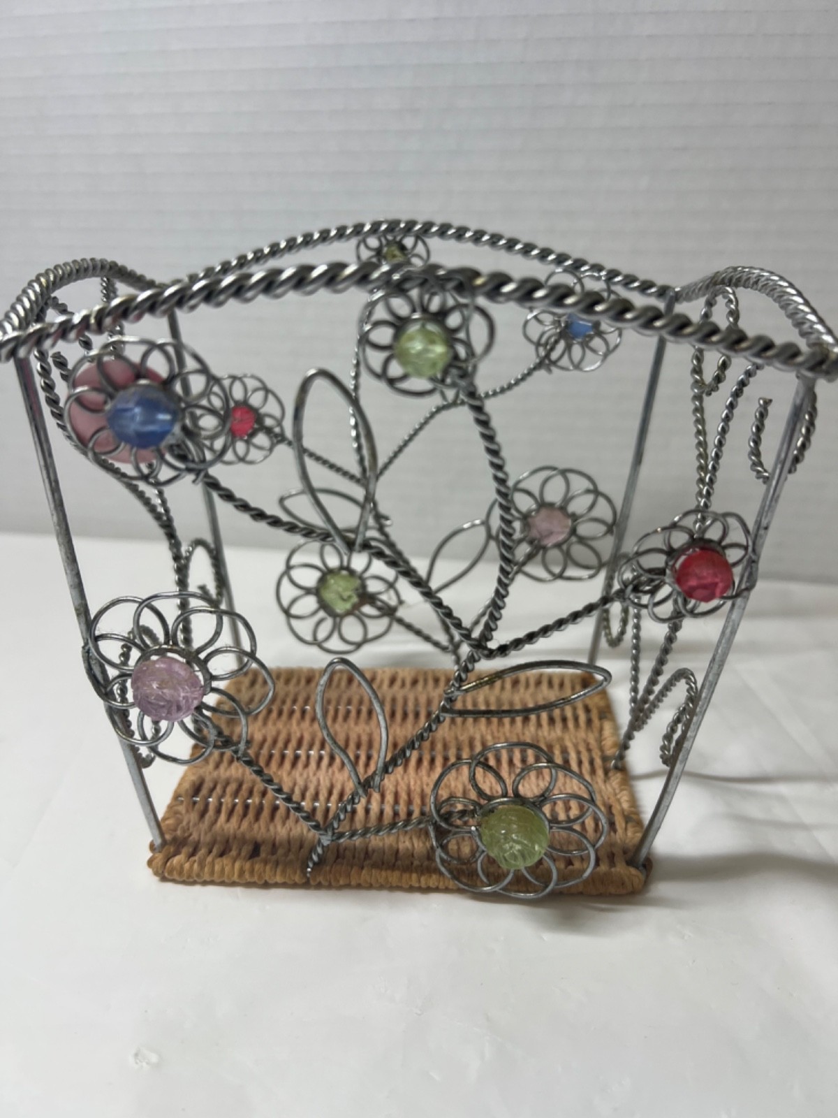 wire basket with flower design and colored beads 5 in x 6 in