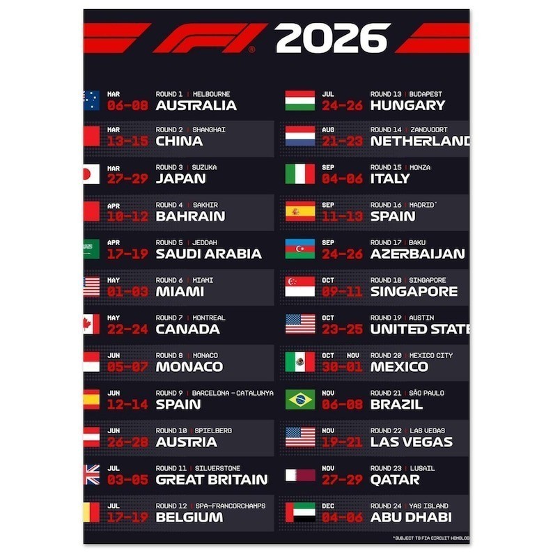 Formula 1 2026 Race Calendar Official Schedule Poster