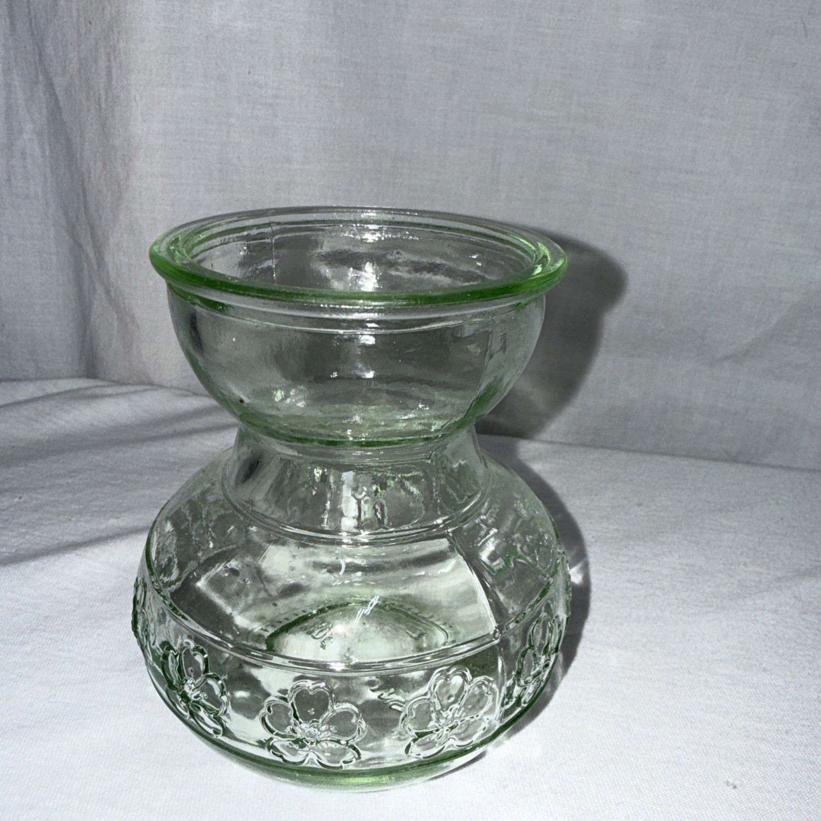 Clear Green Glass Hyacinth Bulb Forcing Vase With Embossed Flower Motif 4&Prime;