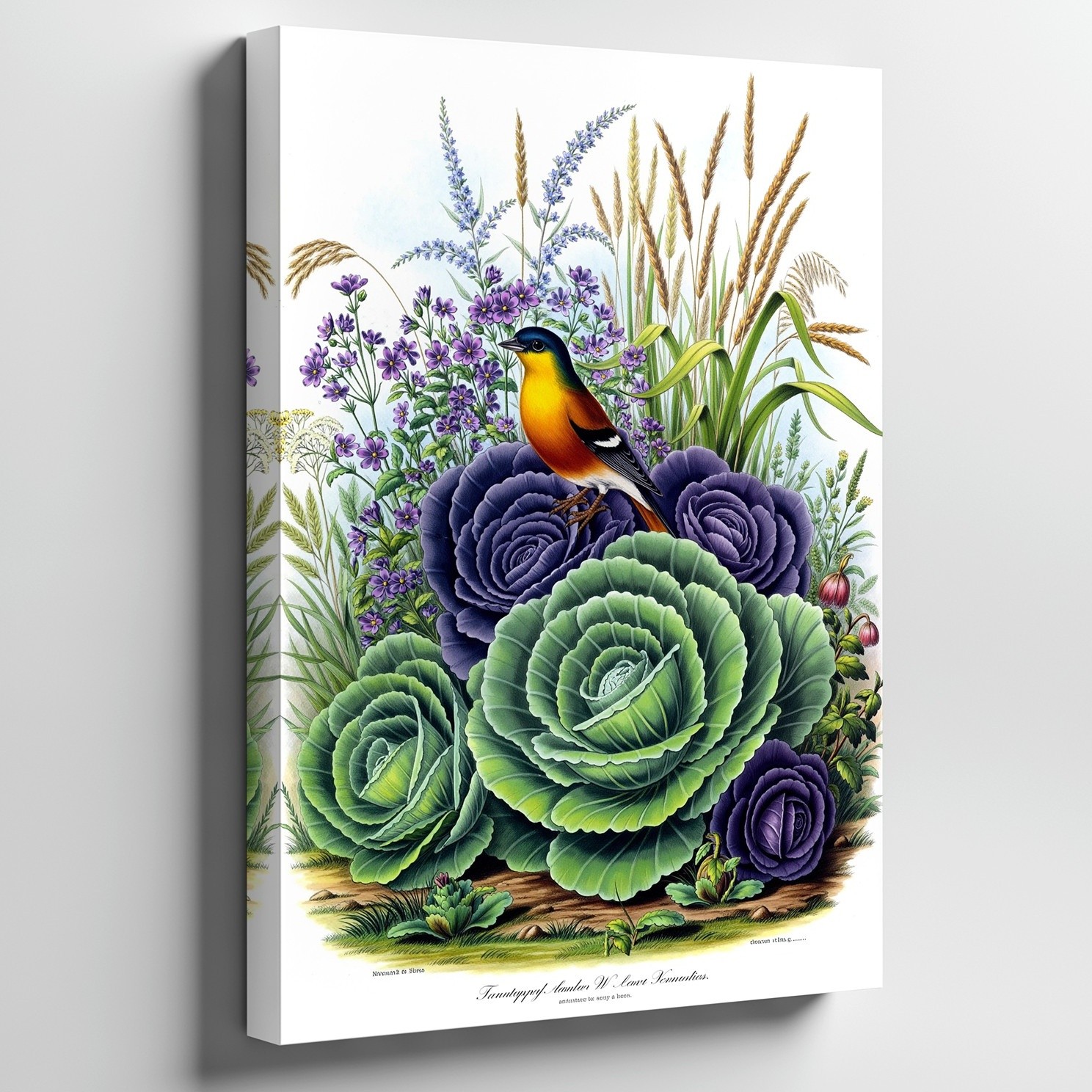 Vibrant Botanical Scene Featuring A Colorful Bird Perched Amidst Lush Wall Art