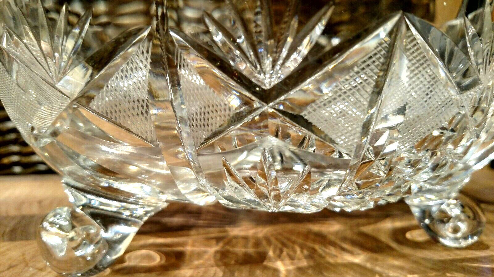 Czech Bohemian Glass Footed Bowl, Cut Lead Crystal Decorative, EUC