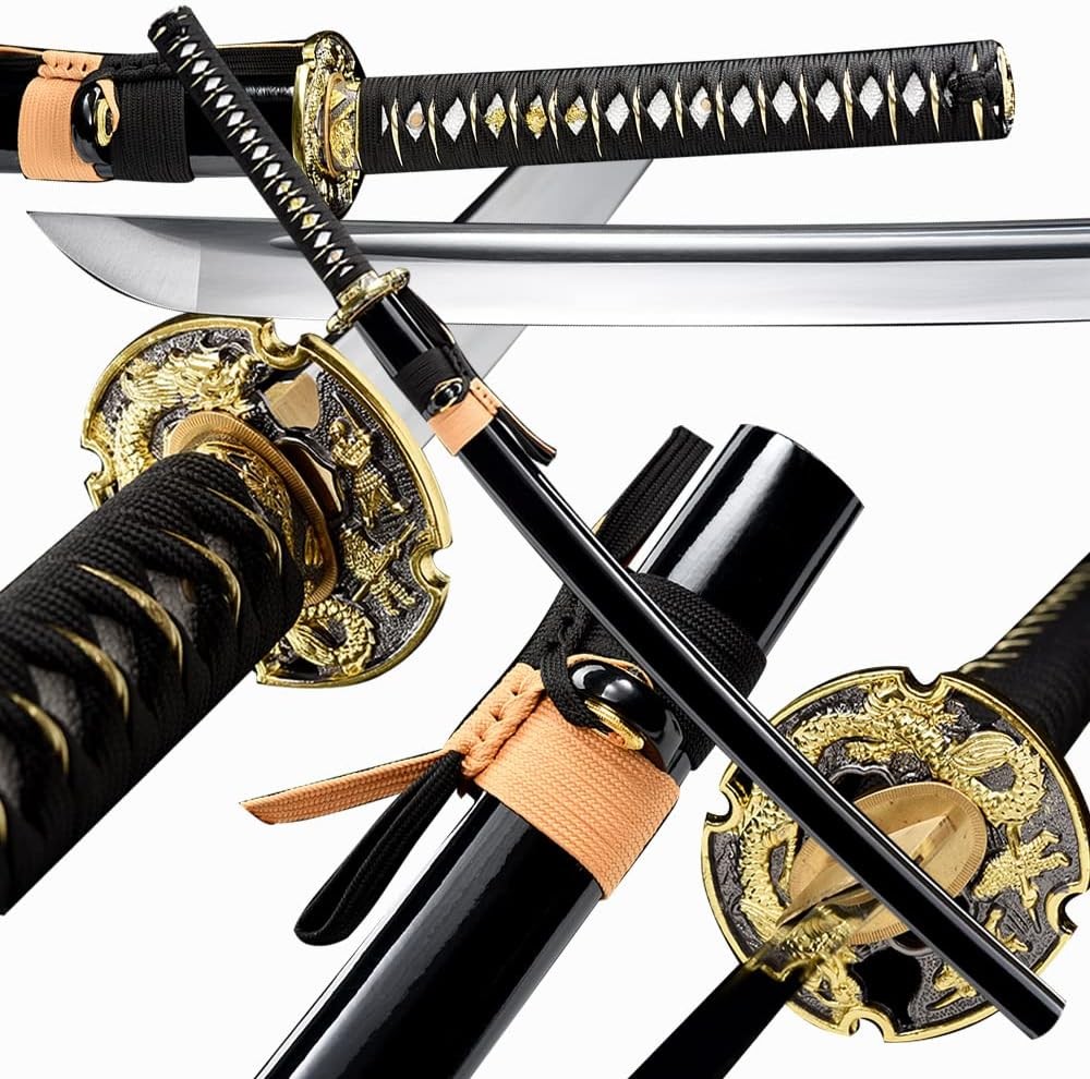 Authentic Japanese Samurai Katana – Full Tang, Golden Dragon Design, 28.3” Blade