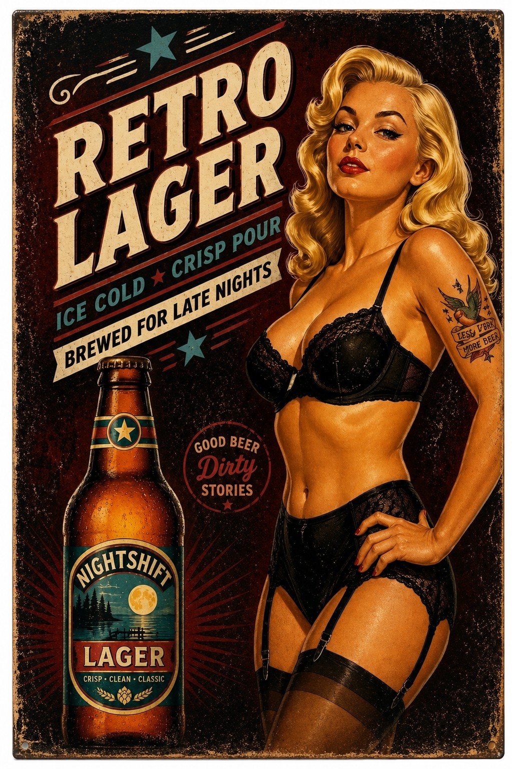 Retro Pinup Beer Sign Metal Wall Decor Vintage Lager Garage Bar Man Cave 8×12