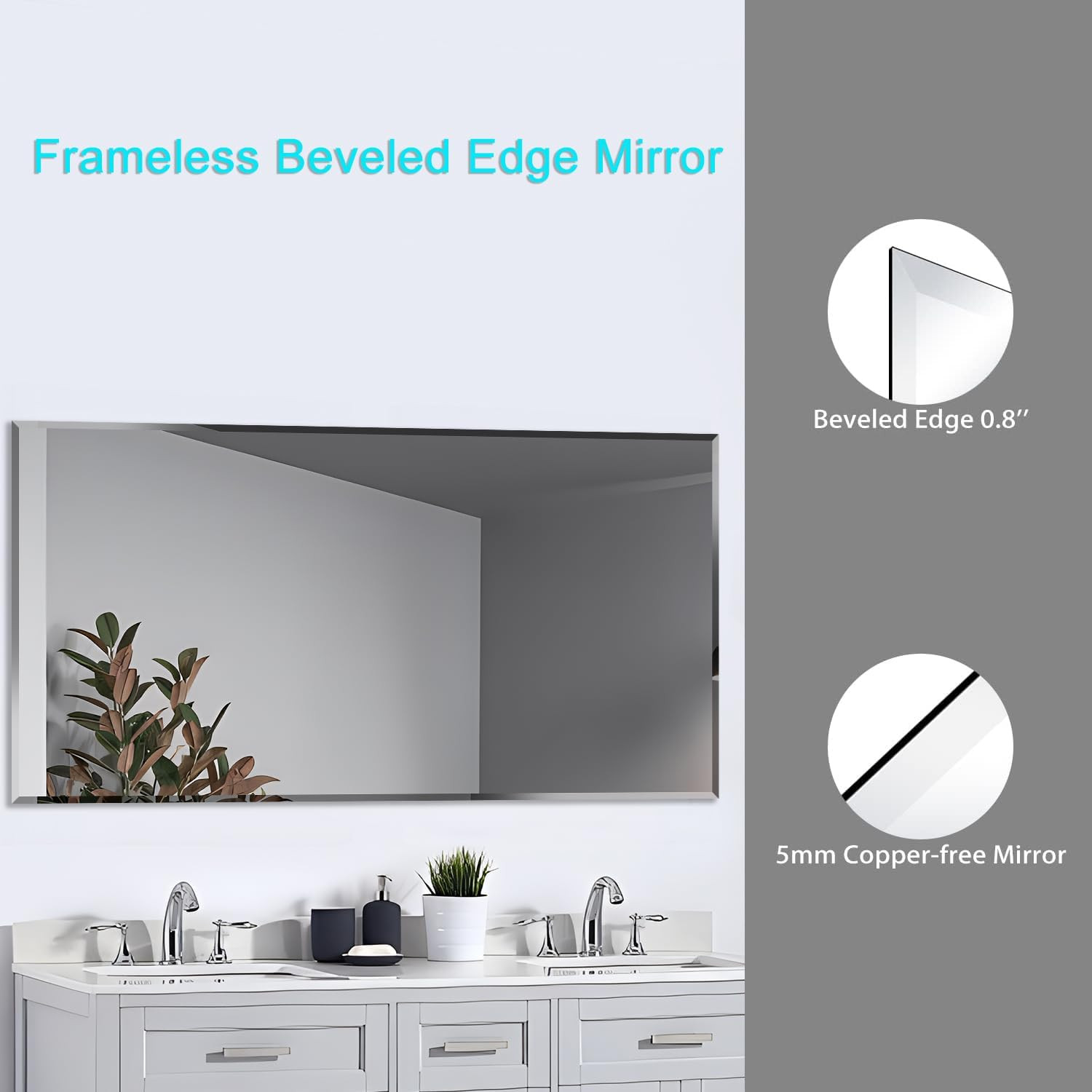 Frameless 60×36 Inch Beveled Edge Bathroom Mirror – Shatterproof & Wall Mounted