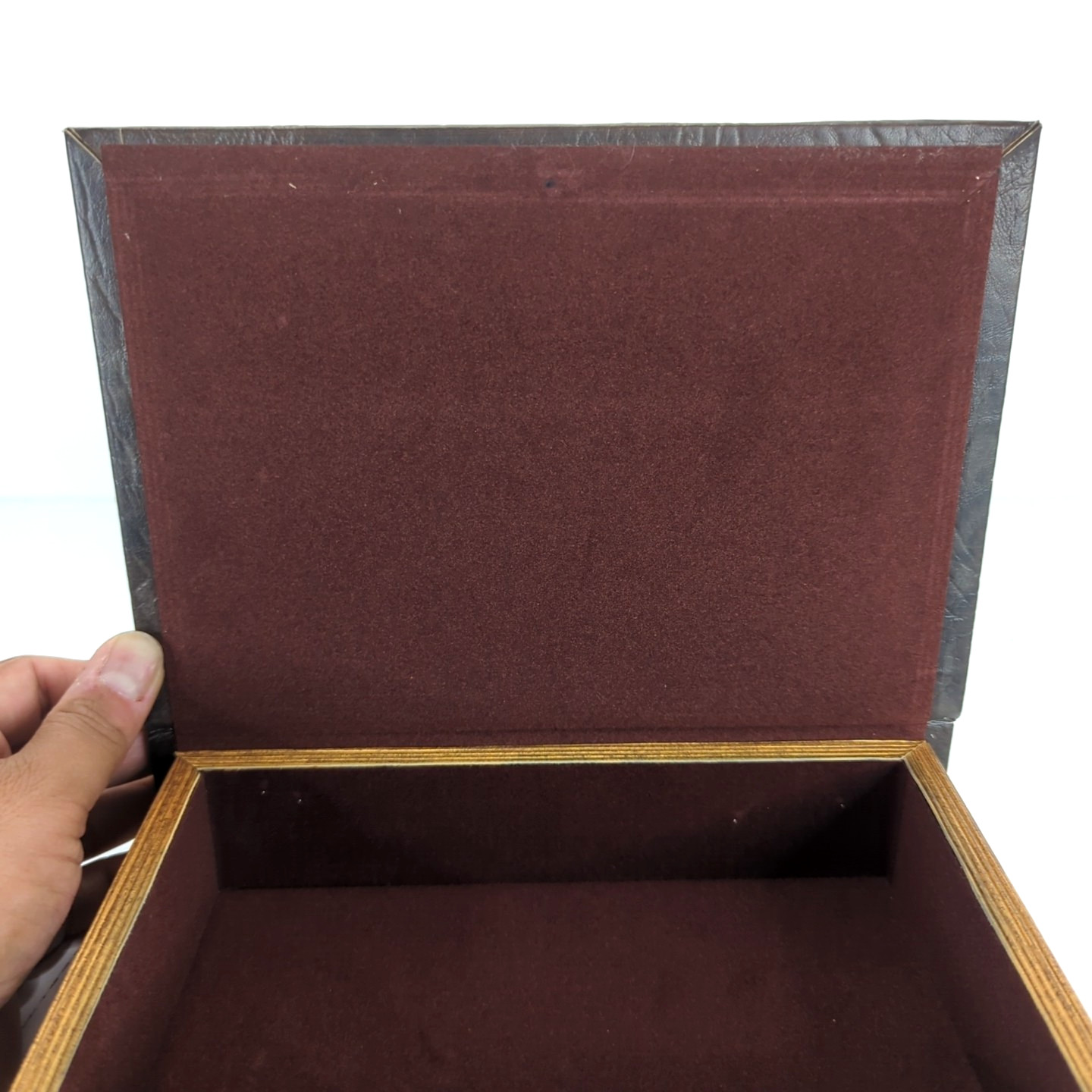 Faux Book Storage Box Secret Brown Leather Look Blue Filigree Magnet Close Lined