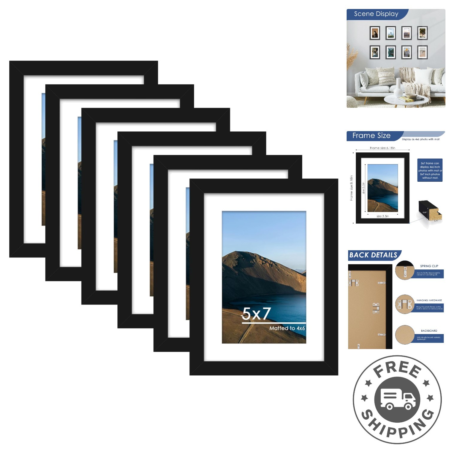 Sturdy Black Picture Frames Set of 6 – Perfect for 5×7 and 4×6 Photos
